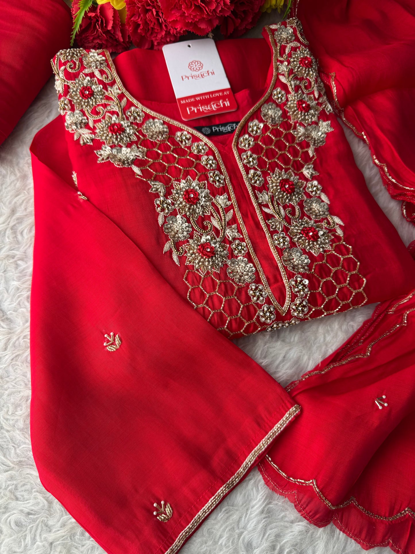 Red Zardozi Embroidered Kurta Set for Women with Pants & Dupatta | Traditional Ethnic Wear (Copy)