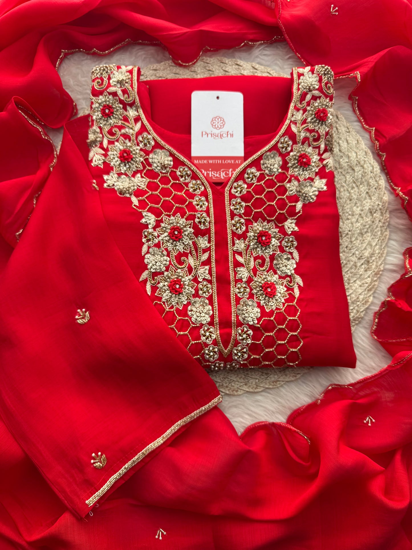 Red Zardozi Embroidered Kurta Set for Women with Pants & Dupatta | Traditional Ethnic Wear (Copy)