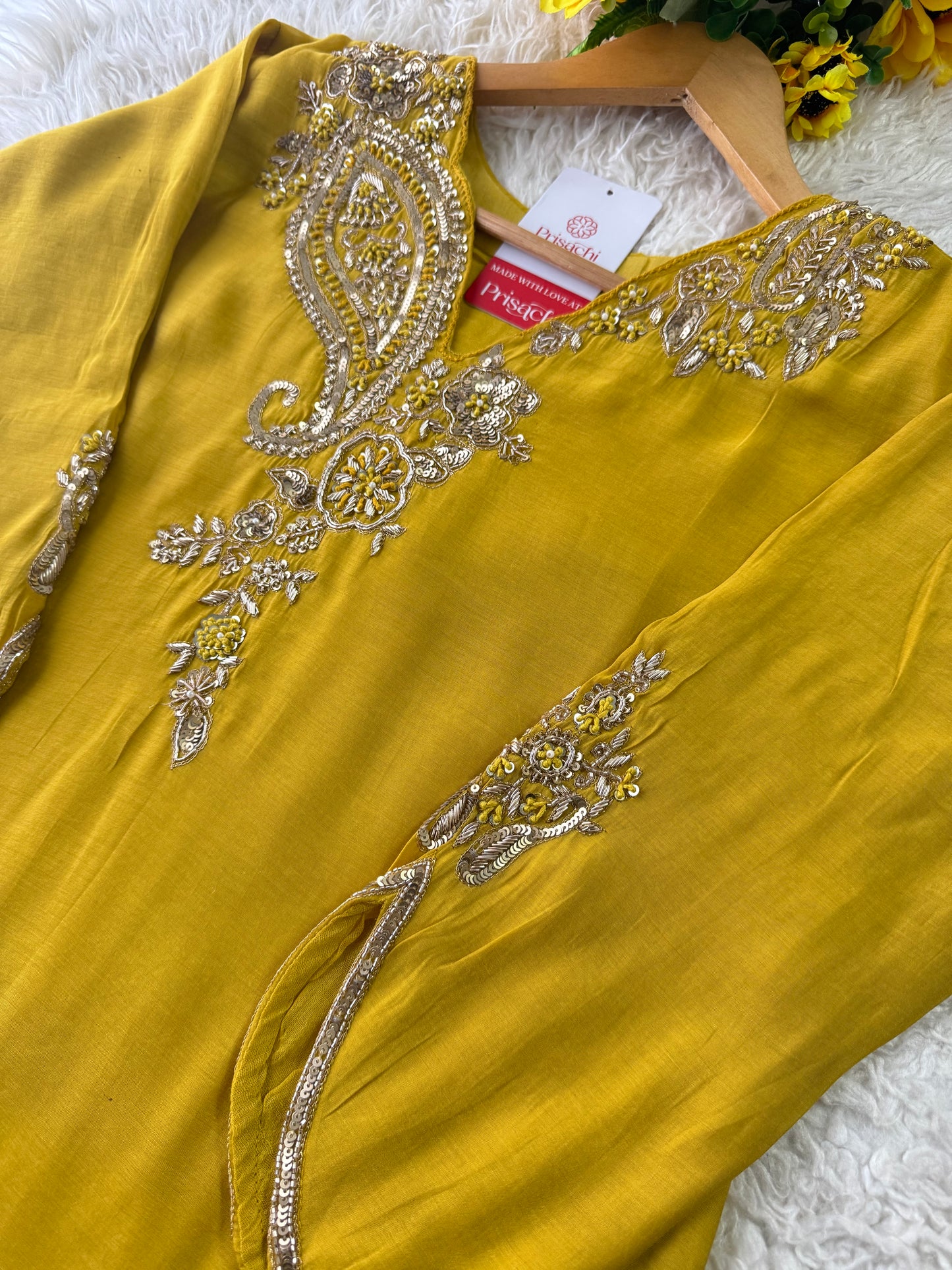 Yellow Designer Embroidered kurta set with pant with dupatta
