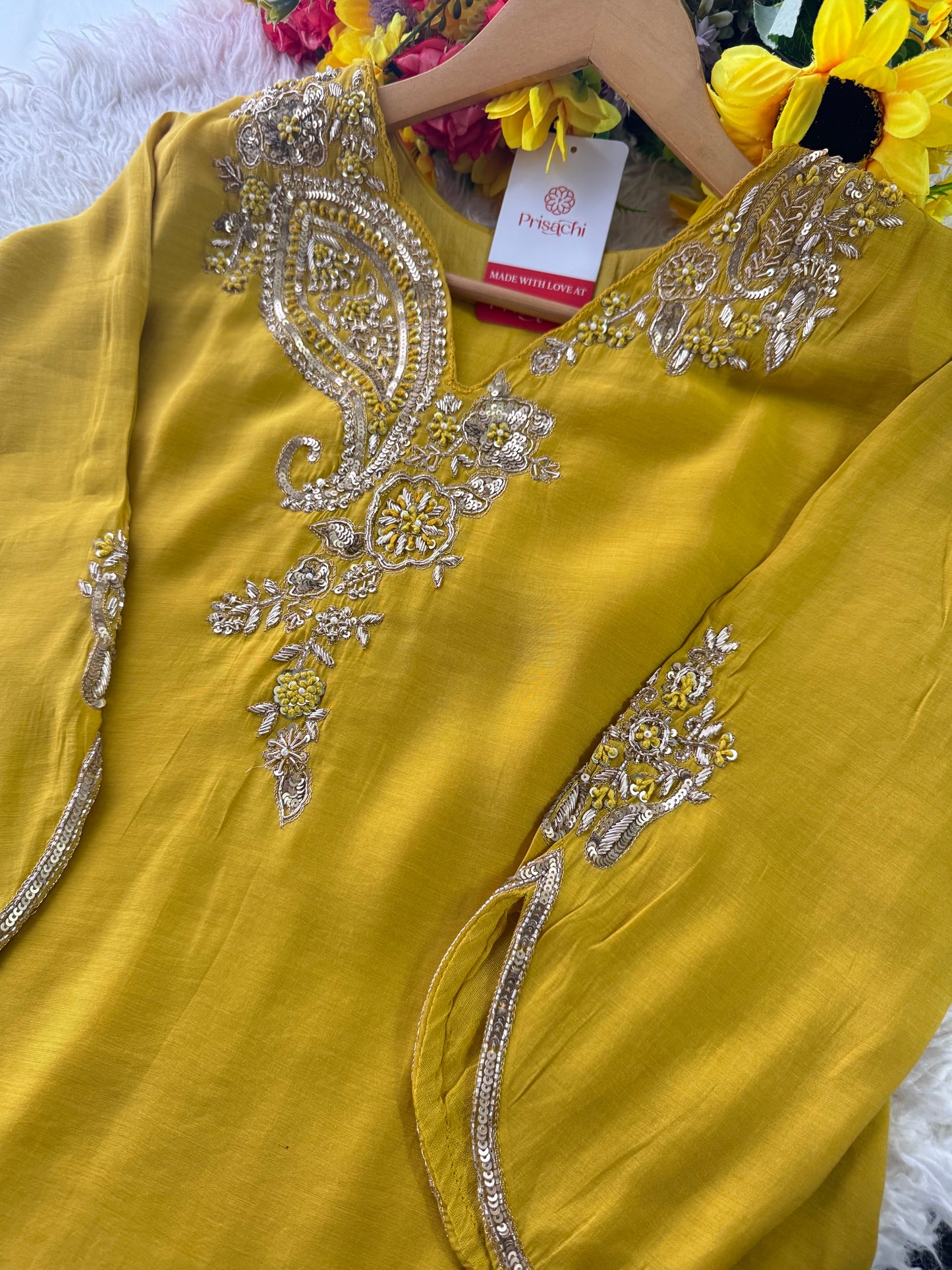 Yellow Designer Embroidered kurta set with pant with dupatta