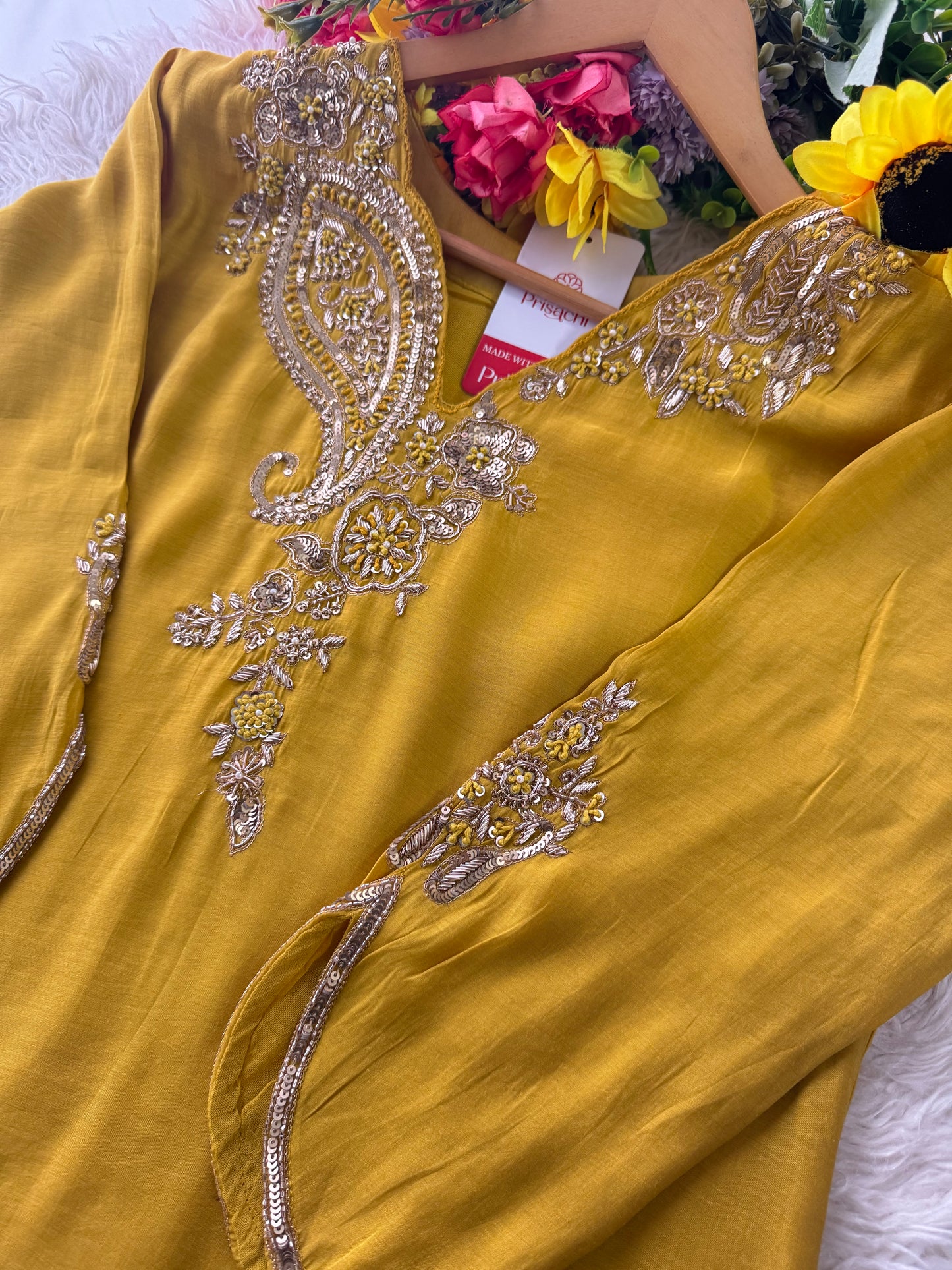 Yellow Designer Embroidered kurta set with pant with dupatta