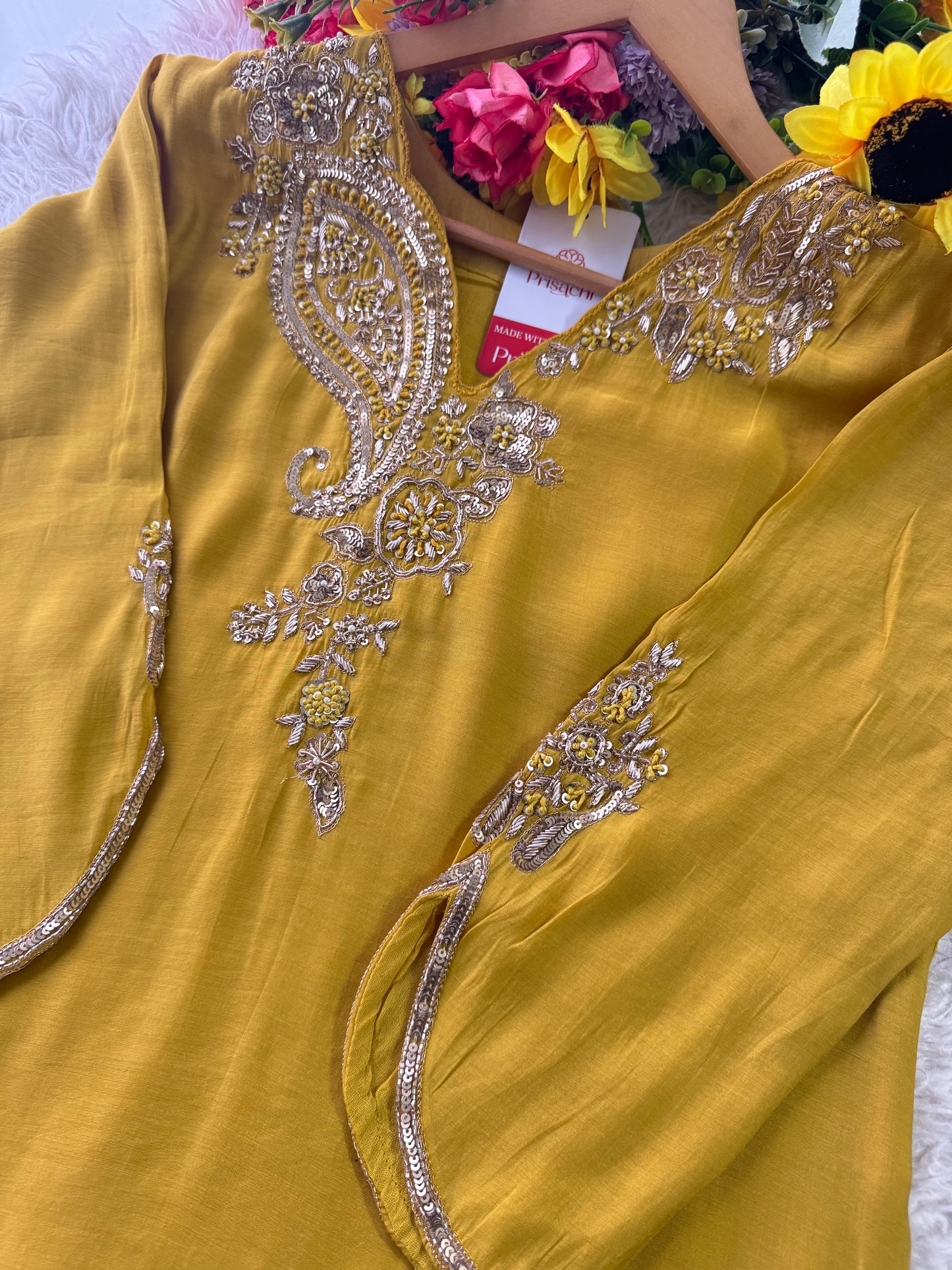 Yellow Designer Embroidered kurta set with pant with dupatta
