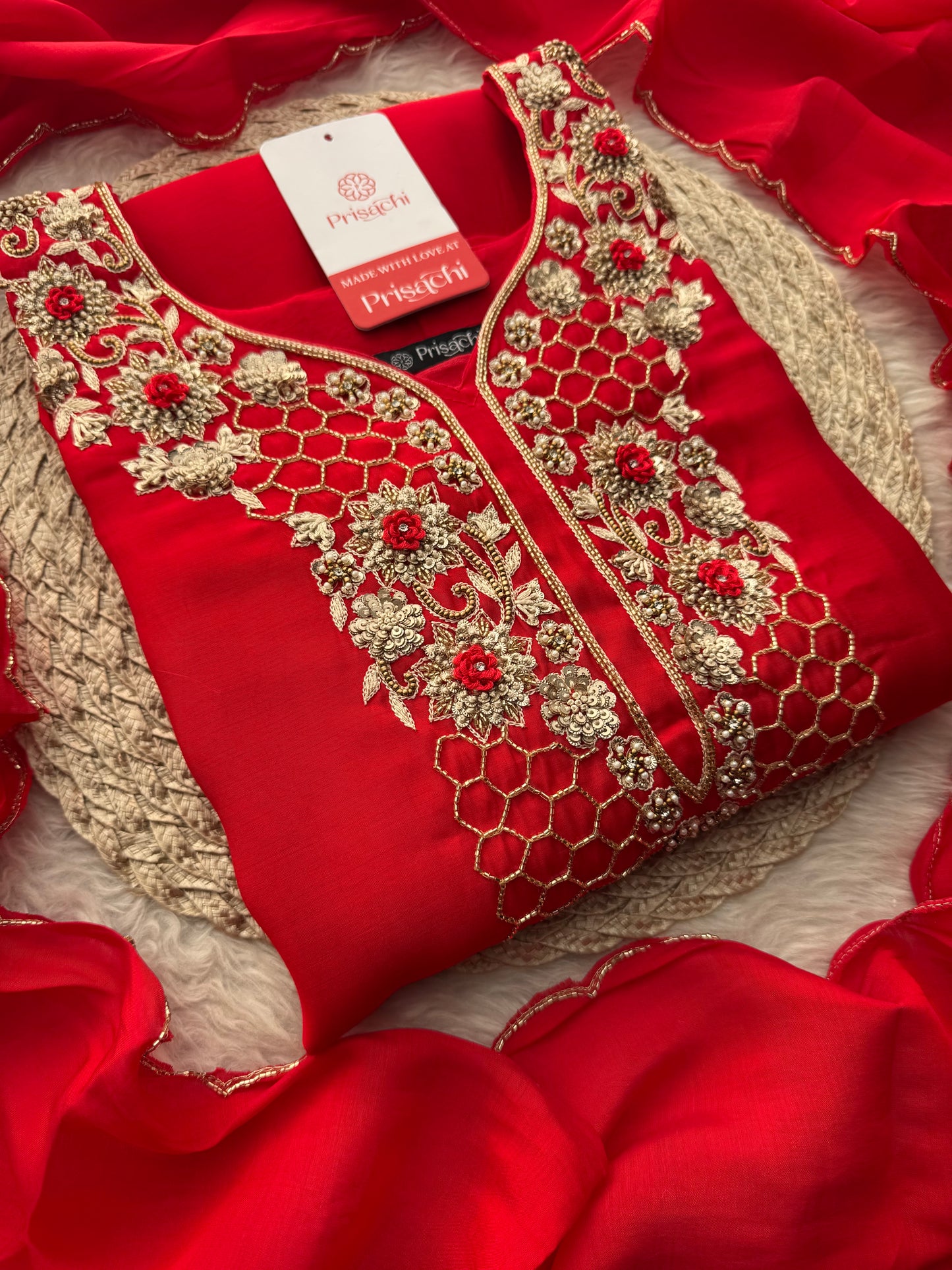 Red Zardozi Embroidered Kurta Set for Women with Pants & Dupatta | Traditional Ethnic Wear (Copy)
