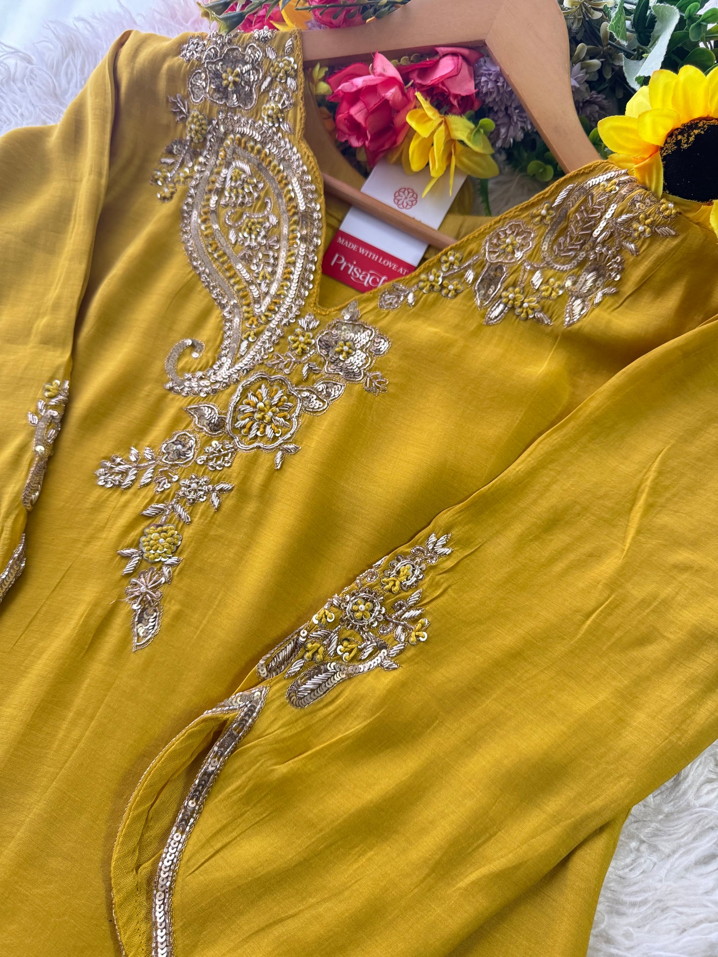 Yellow Designer Embroidered kurta set with pant with dupatta