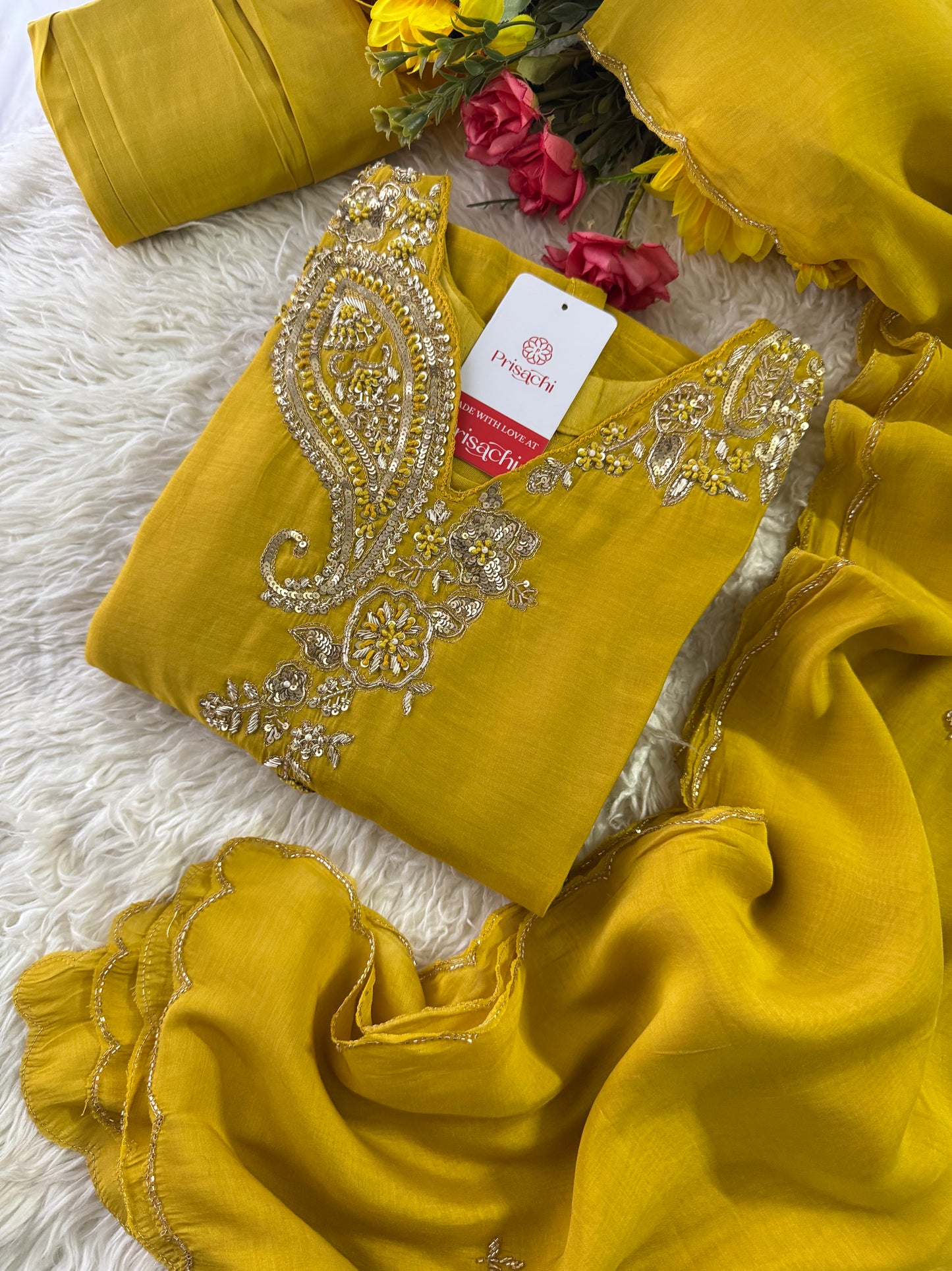 Yellow Designer Embroidered kurta set with pant with dupatta