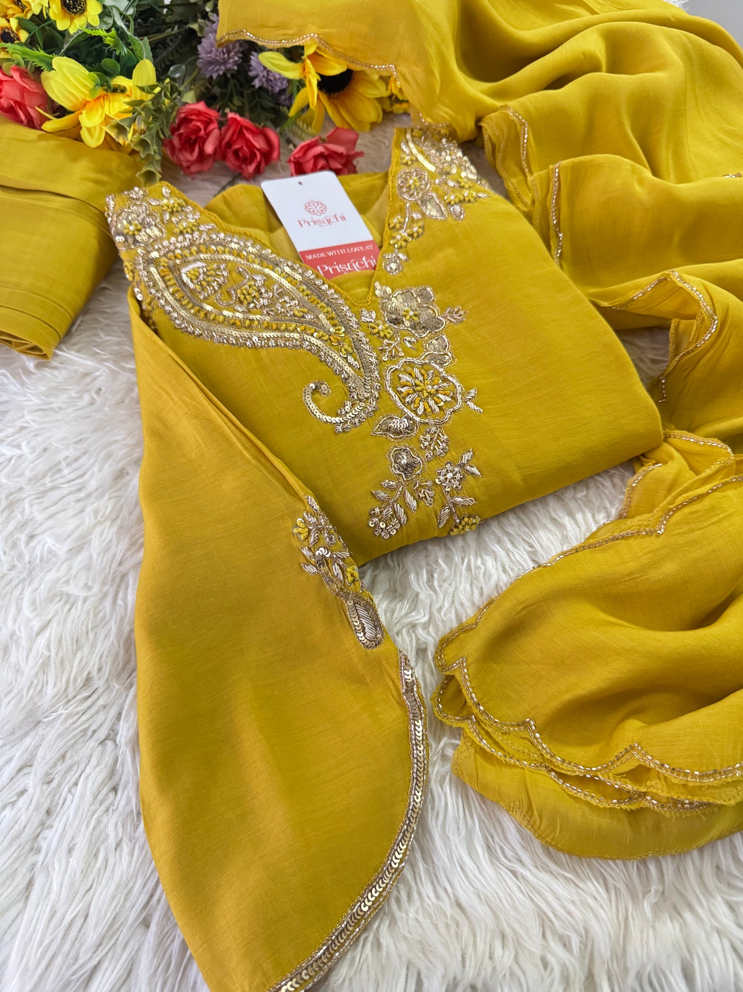 Yellow Designer Embroidered kurta set with pant with dupatta