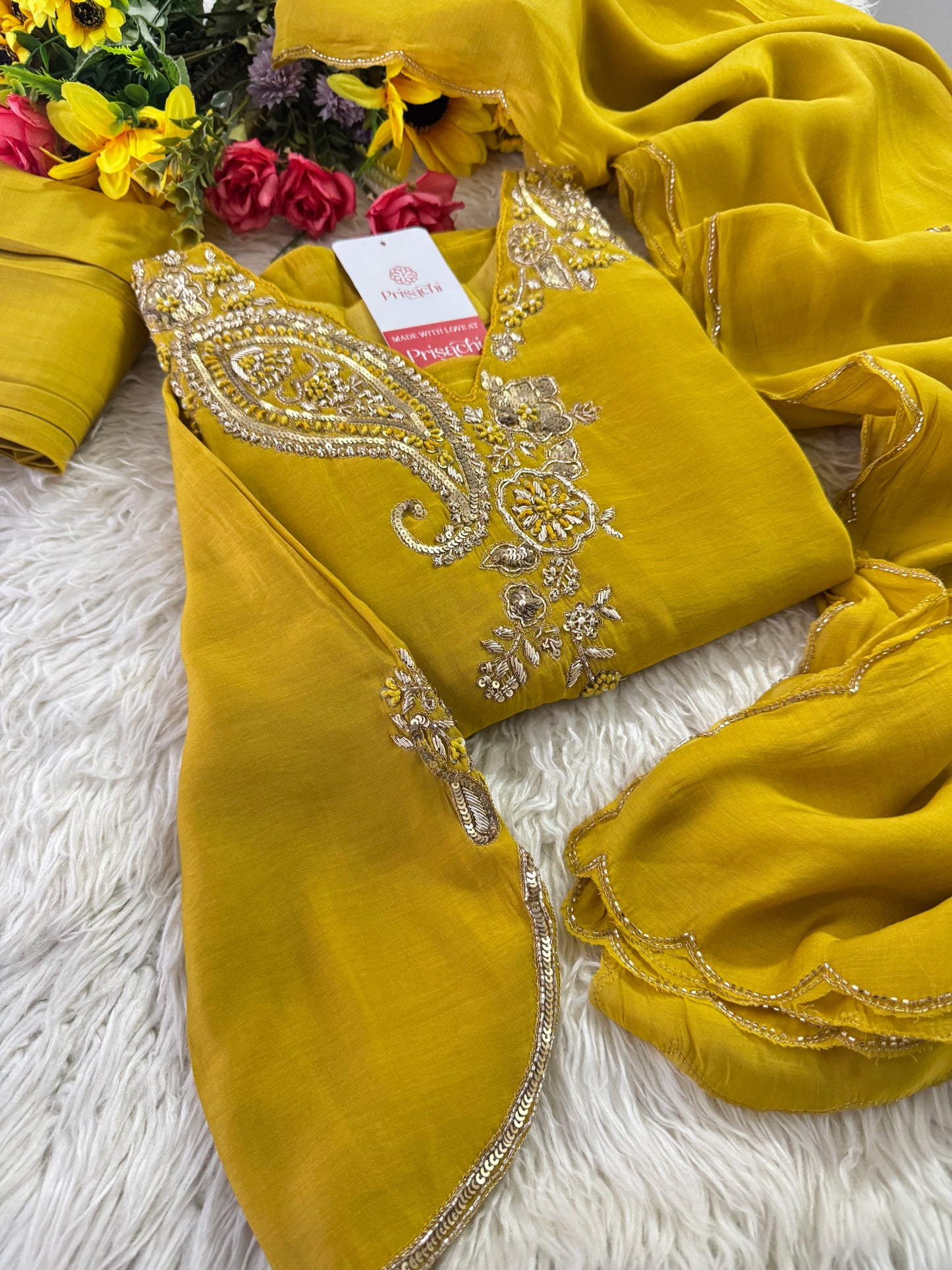 Yellow Designer Embroidered kurta set with pant with dupatta