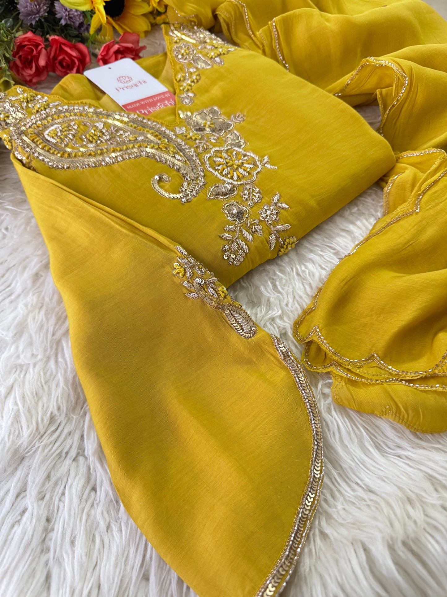 Yellow Designer Embroidered kurta set with pant with dupatta