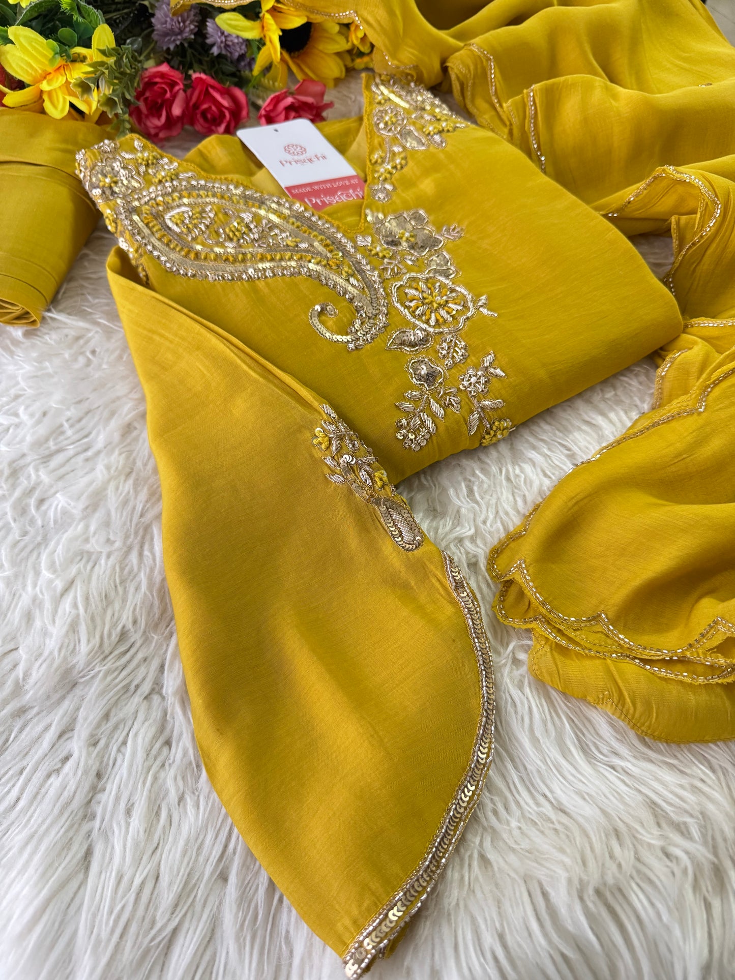 Yellow Designer Embroidered kurta set with pant with dupatta