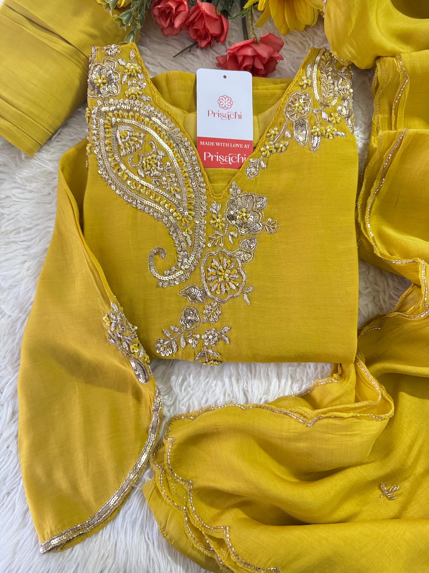Yellow Designer Embroidered kurta set with pant with dupatta