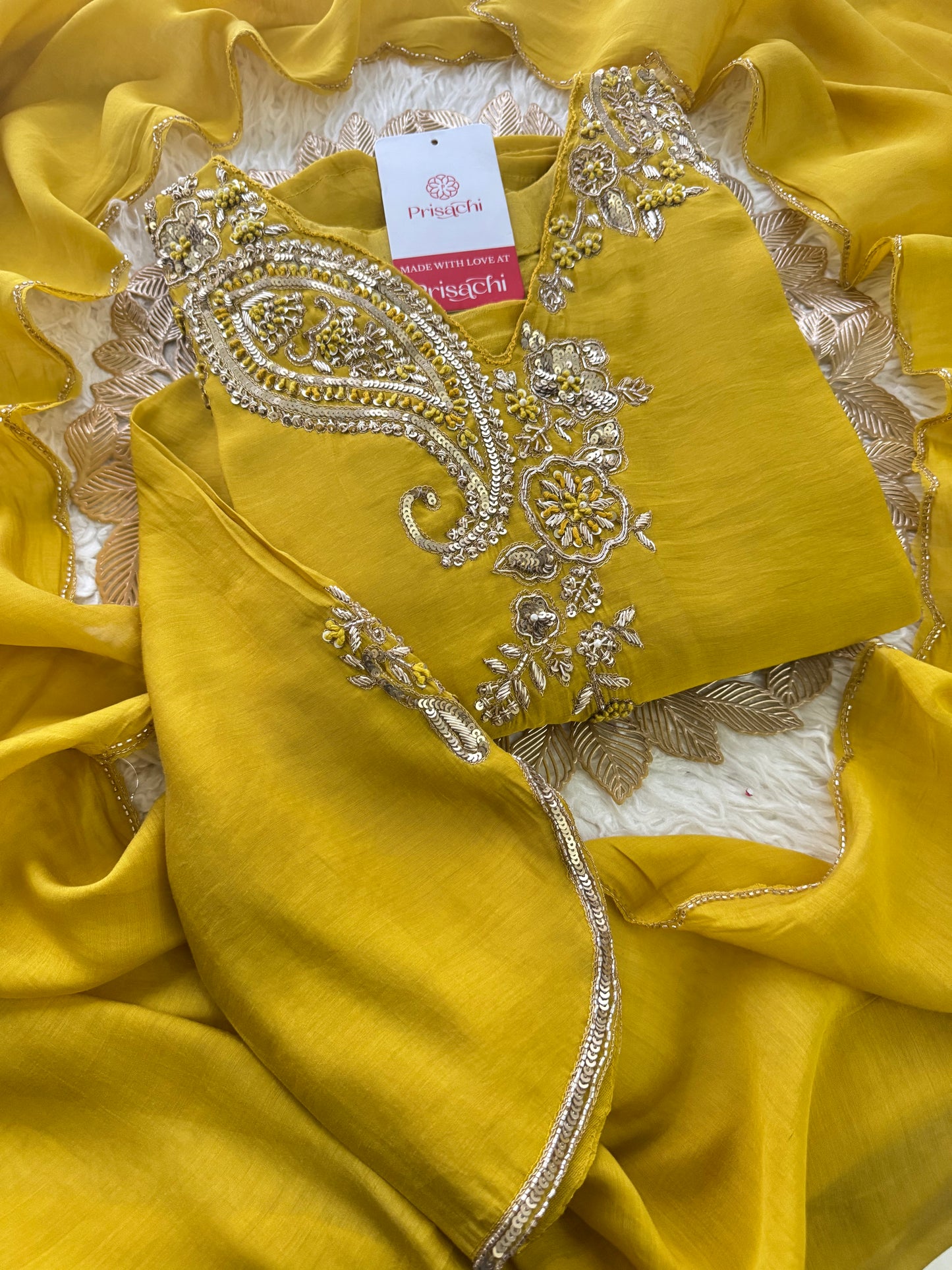 Yellow Designer Embroidered kurta set with pant with dupatta