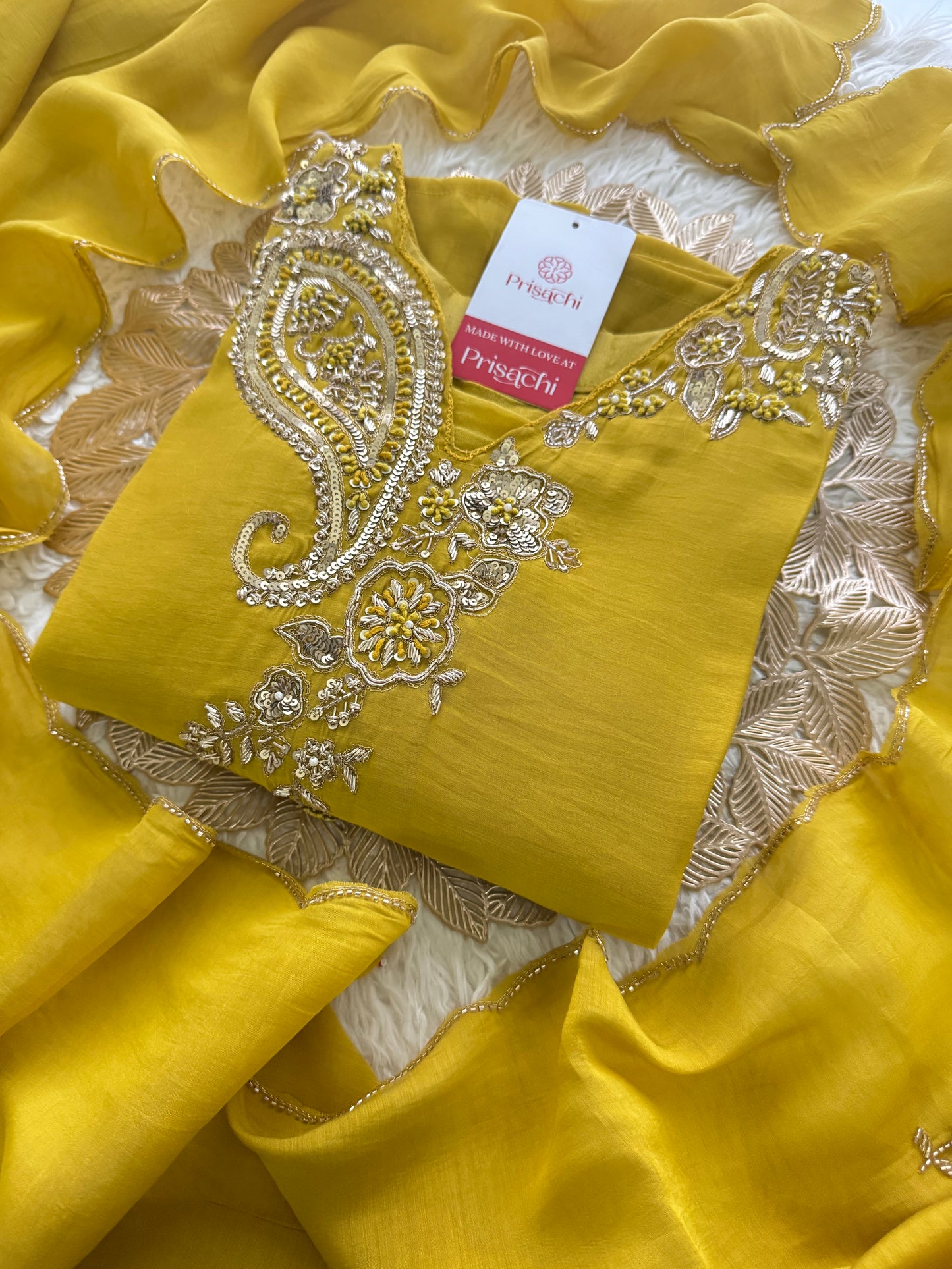 Yellow Designer Embroidered kurta set with pant with dupatta