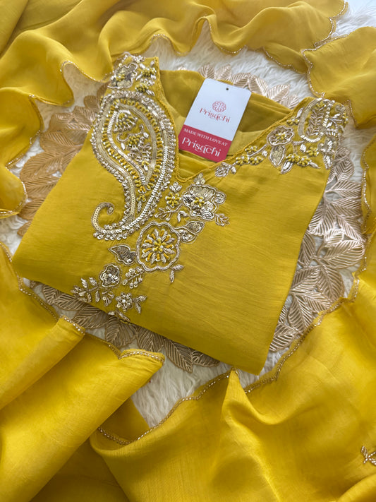 Yellow Designer Embroidered kurta set with pant with dupatta