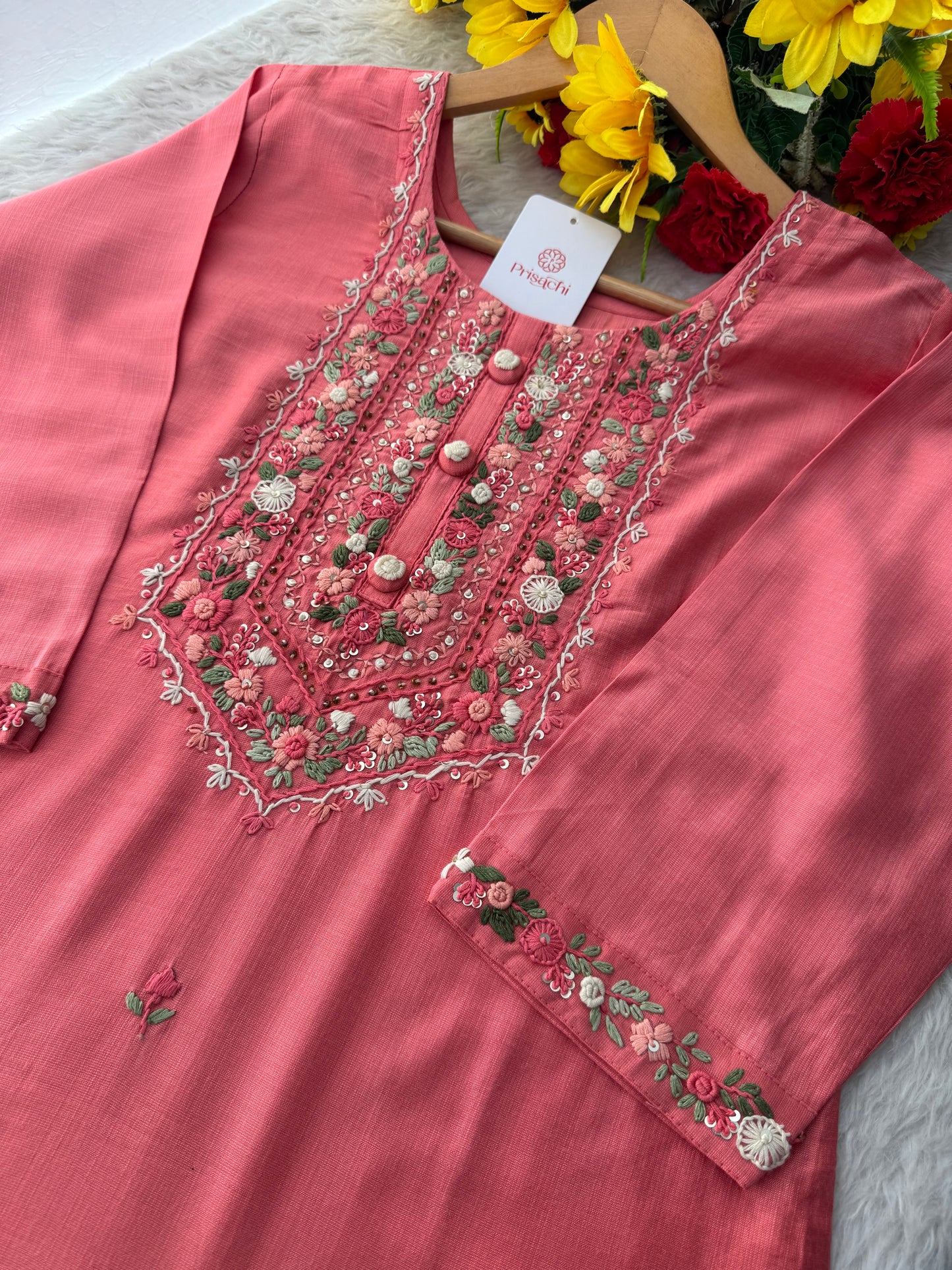 Pink Thread Embroidered Straight Kurti Pant Co-ord Set for Women | Ethnic Office Wear & Daily Wear Outfit (Copy)