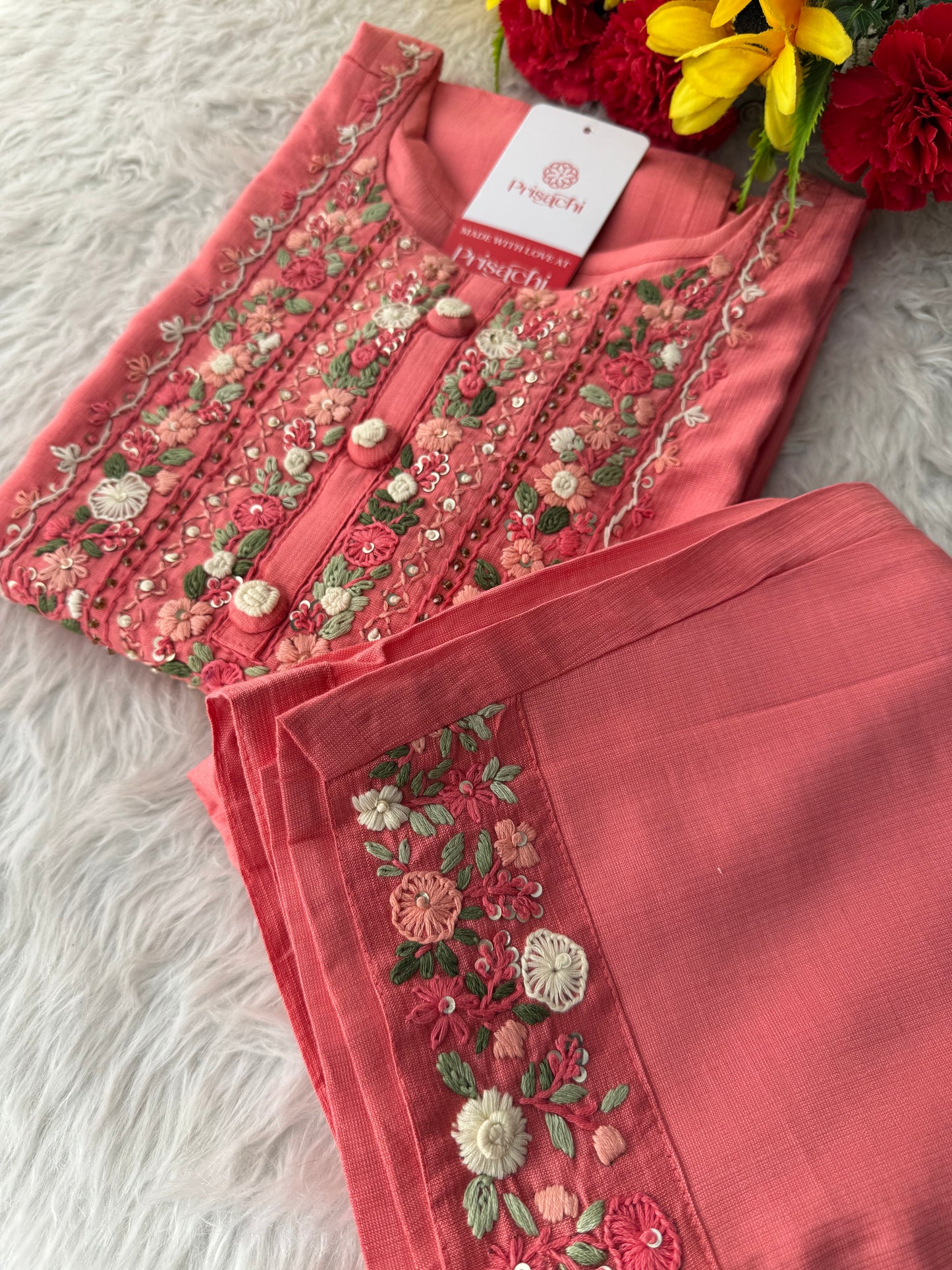 Pink Thread Embroidered Straight Kurti Pant Co-ord Set for Women | Ethnic Office Wear & Daily Wear Outfit (Copy)
