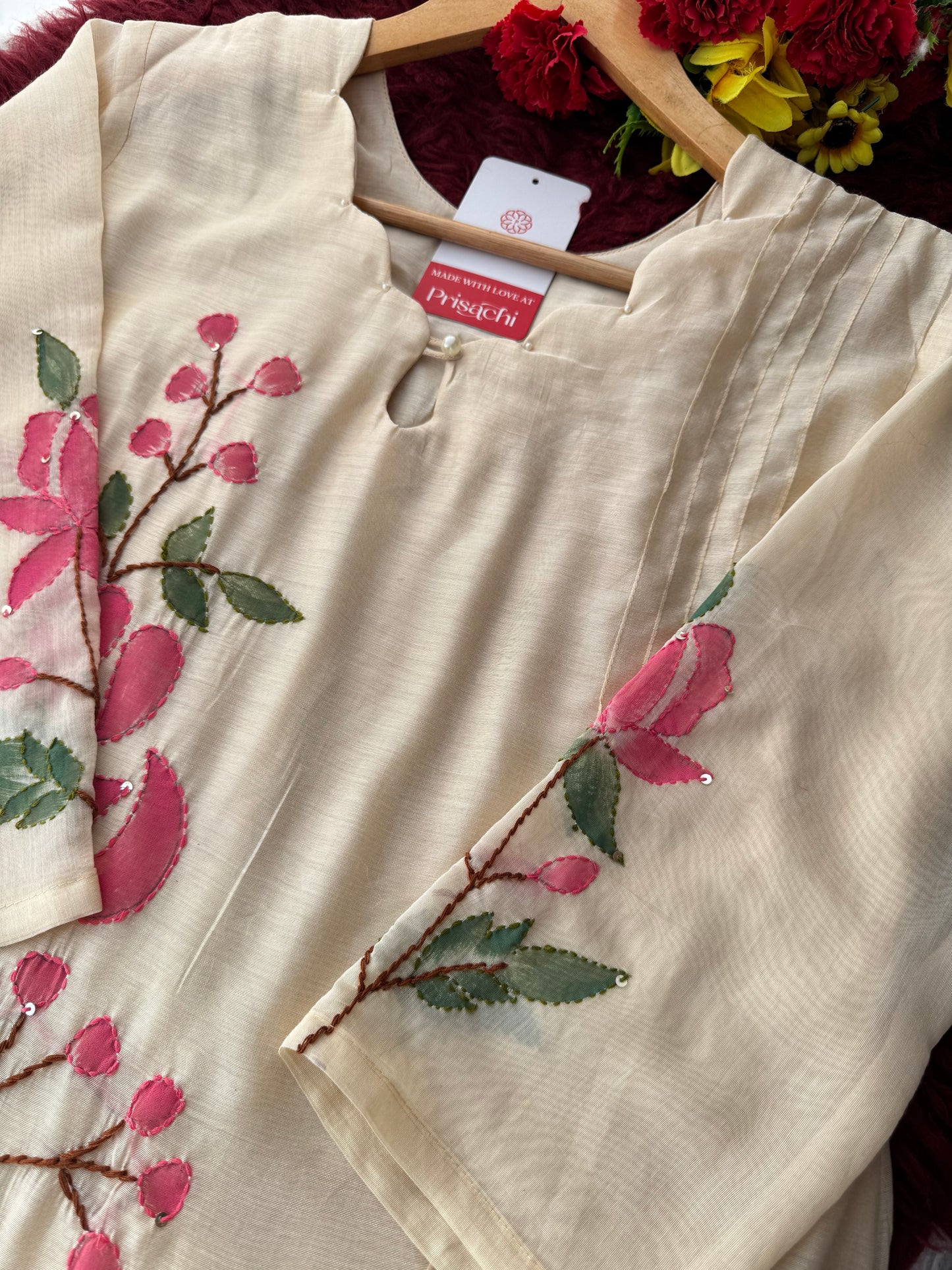 Off White Thread Embroidered A-Line Ethnic Kurta Set with Dupatta & Pants