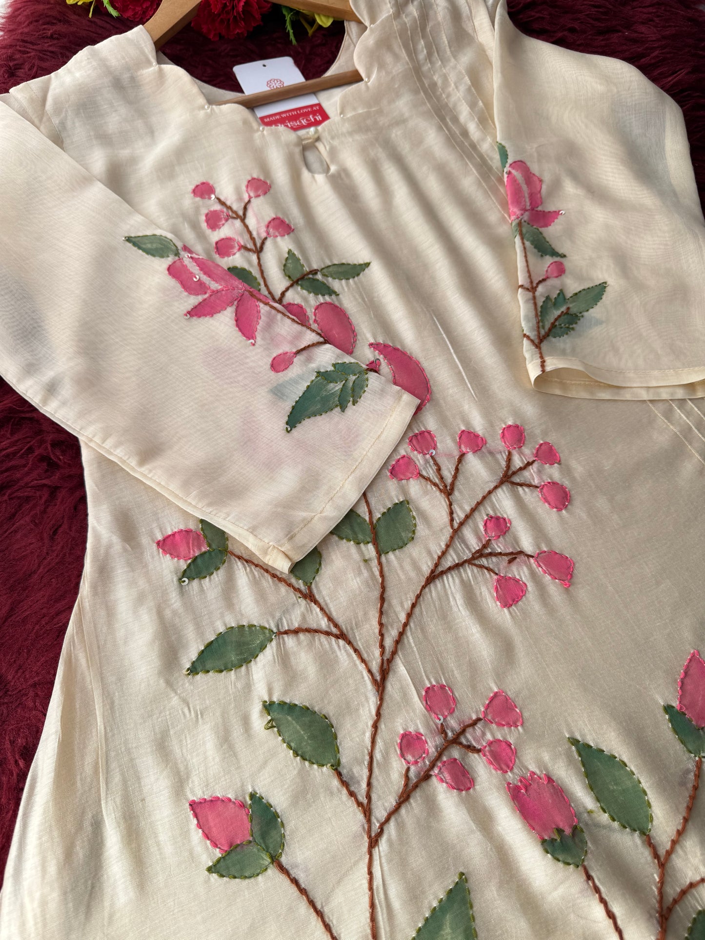 Off White Thread Embroidered A-Line Ethnic Kurta Set with Dupatta & Pants