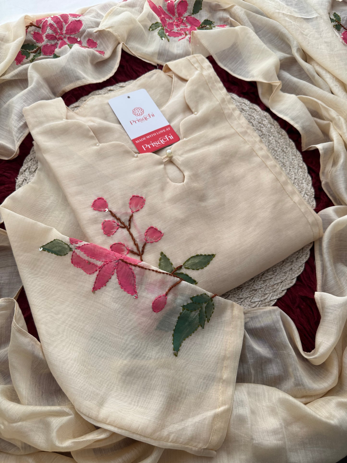 Off White Thread Embroidered A-Line Ethnic Kurta Set with Dupatta & Pants