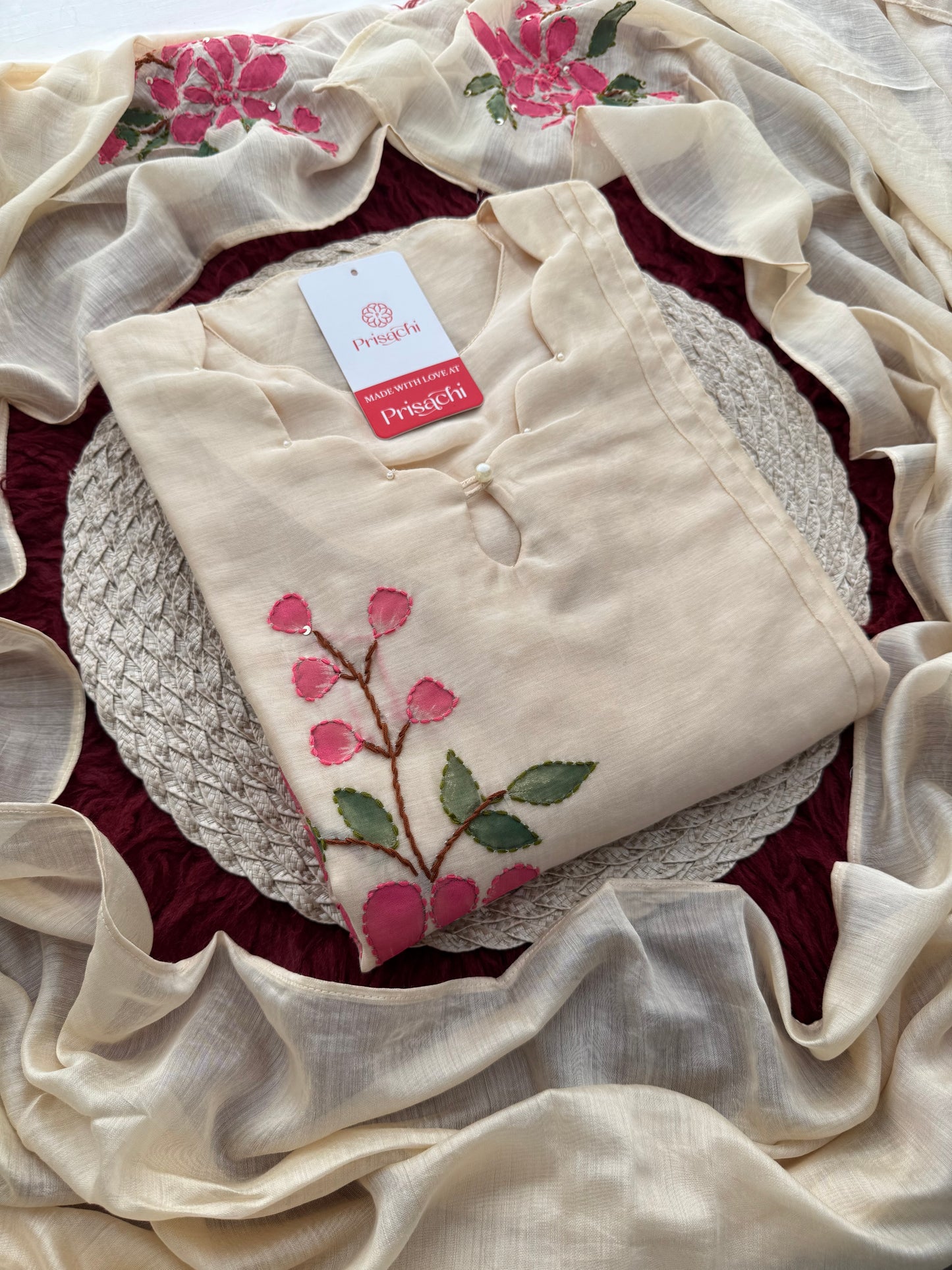 Off White Thread Embroidered A-Line Ethnic Kurta Set with Dupatta & Pants