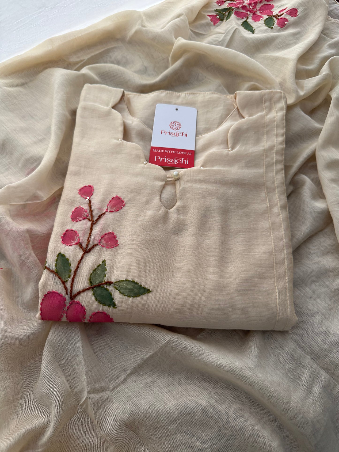 Off White Thread Embroidered A-Line Ethnic Kurta Set with Dupatta & Pants