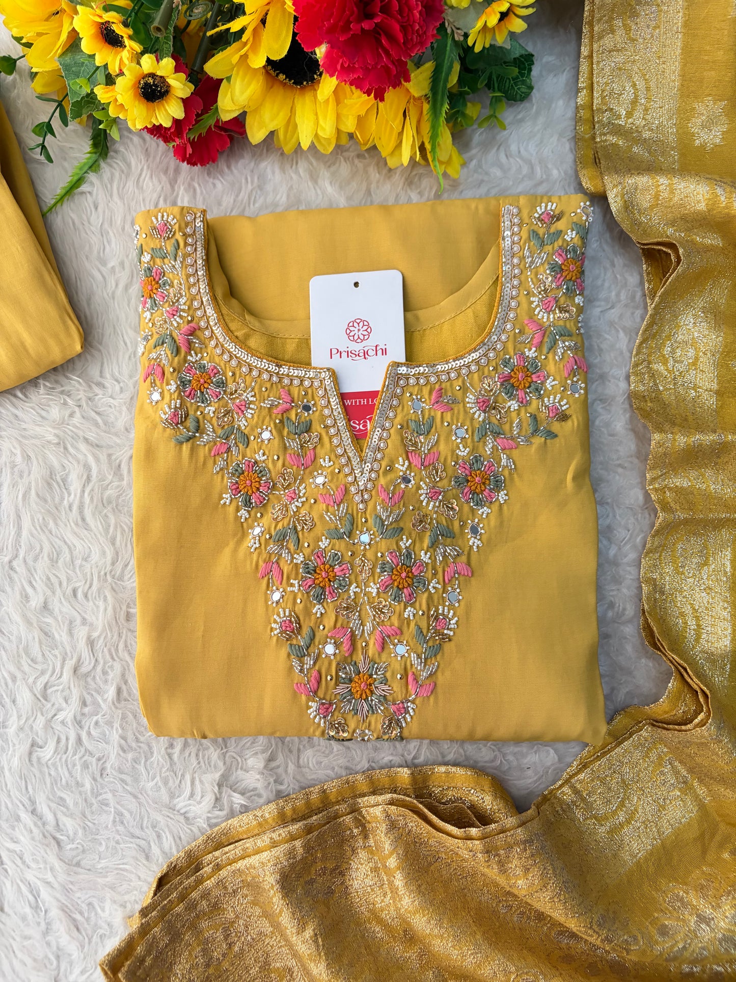 Yellow Designer Embroidered Kurta Set with Pants & Dupatta for Women | Casual & Office Wear Ethnic Suit Set