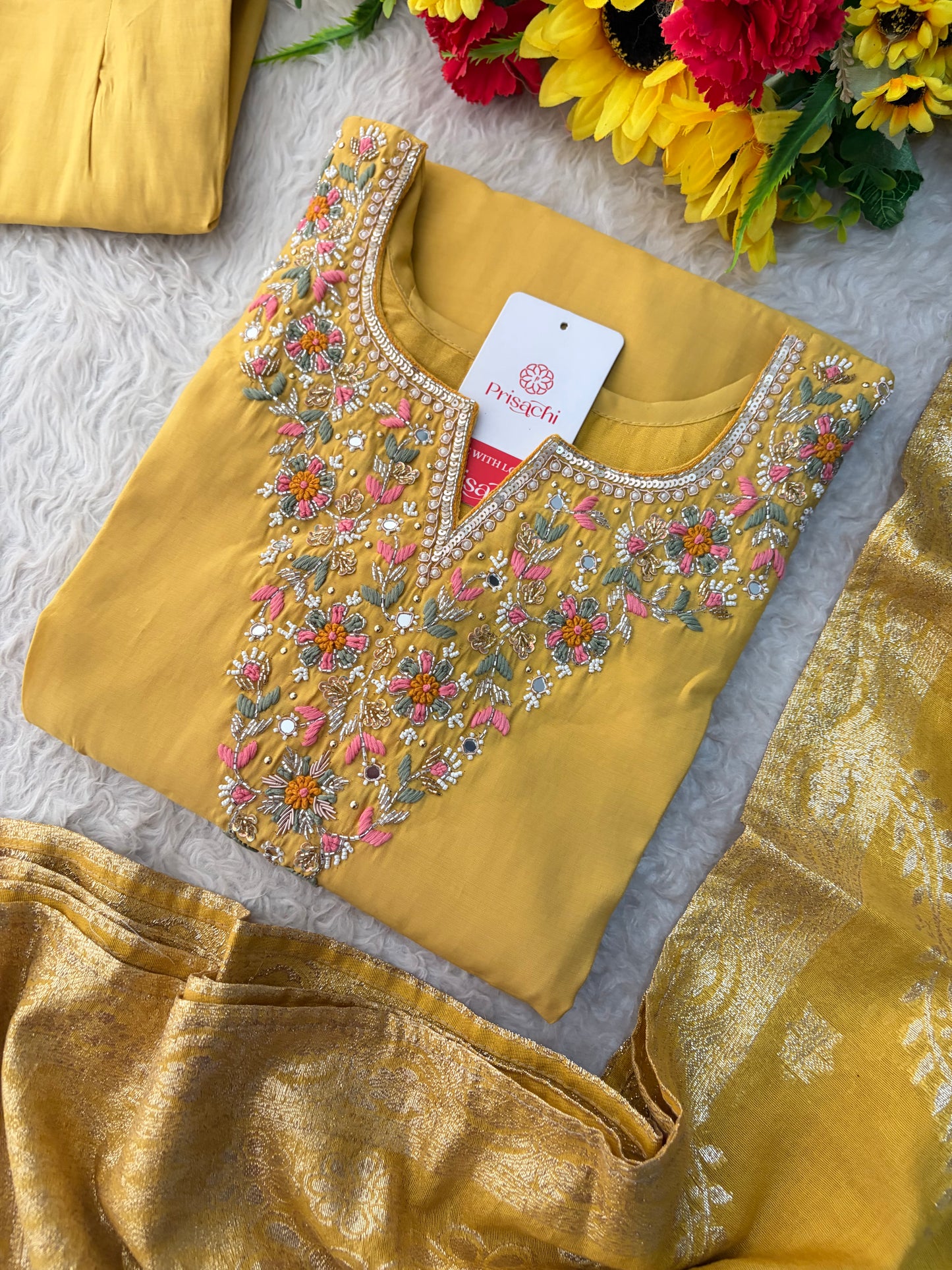 Yellow Designer Embroidered Kurta Set with Pants & Dupatta for Women | Casual & Office Wear Ethnic Suit Set