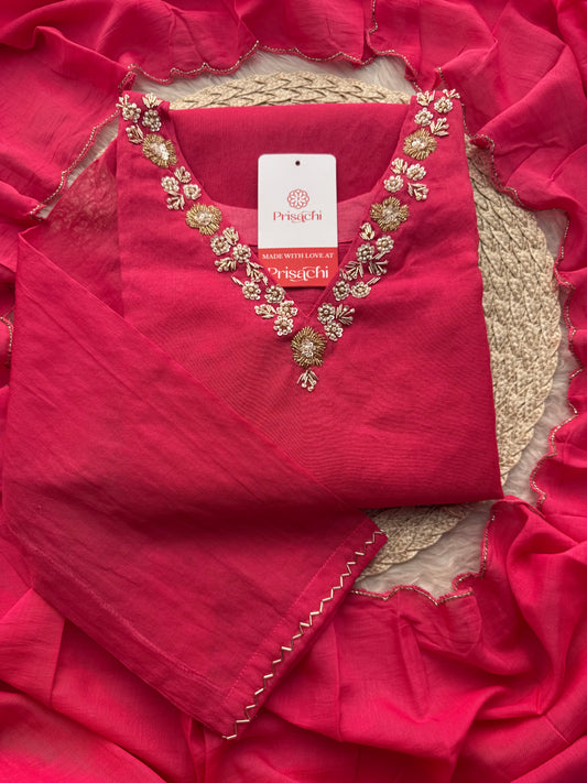 Pink Zardozi Embroidered Ethnic Kurta Set for Women with Pants & Dupatta | Traditional Festive Wear