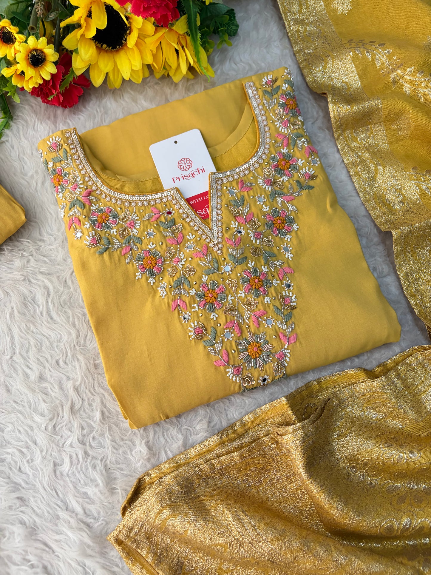 Yellow Designer Embroidered Kurta Set with Pants & Dupatta for Women | Casual & Office Wear Ethnic Suit Set