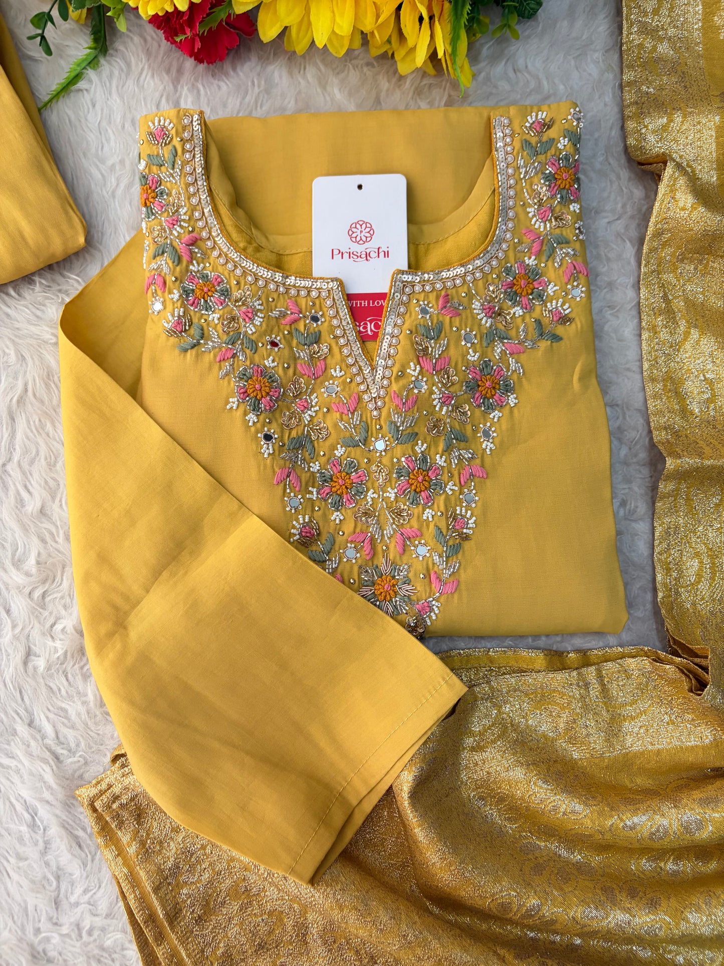 Yellow Designer Embroidered Kurta Set with Pants & Dupatta for Women | Casual & Office Wear Ethnic Suit Set