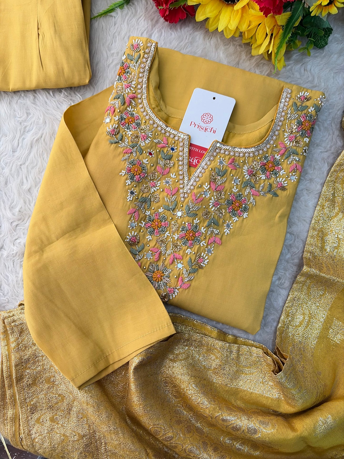 Yellow Designer Embroidered Kurta Set with Pants & Dupatta for Women | Casual & Office Wear Ethnic Suit Set