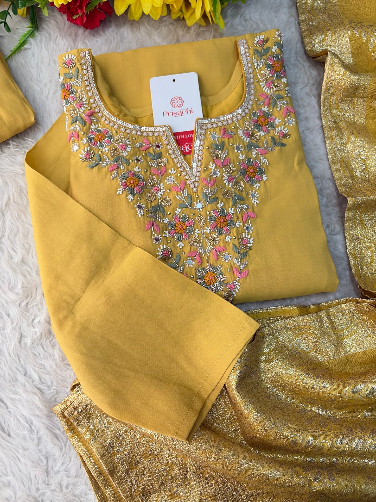 Yellow Designer Embroidered Kurta Set with Pants & Dupatta for Women | Casual & Office Wear Ethnic Suit Set