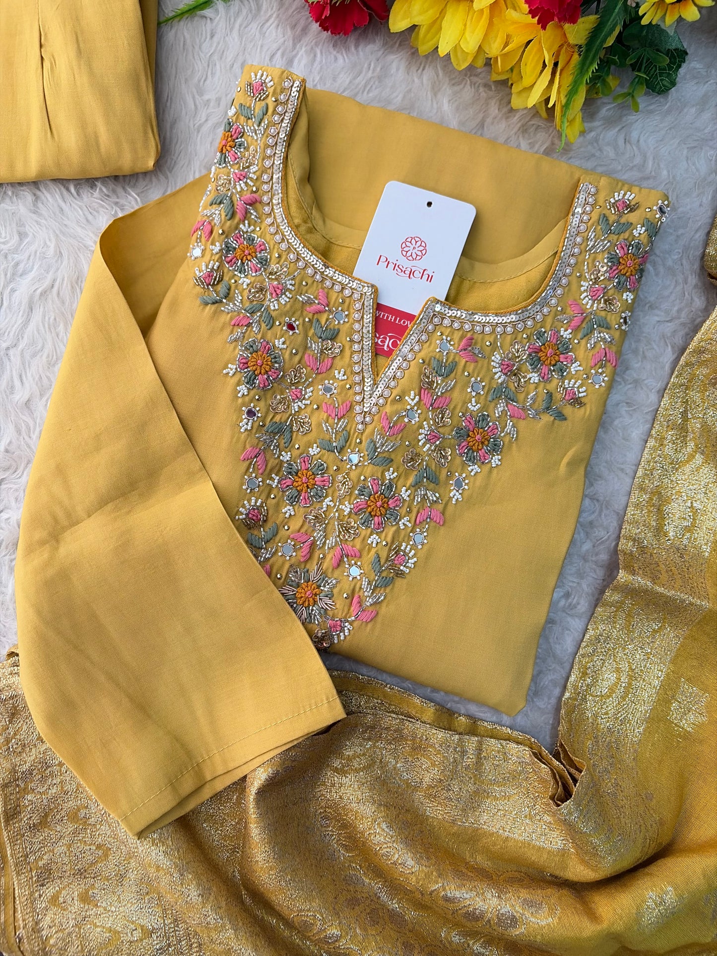 Yellow Designer Embroidered Kurta Set with Pants & Dupatta for Women | Casual & Office Wear Ethnic Suit Set