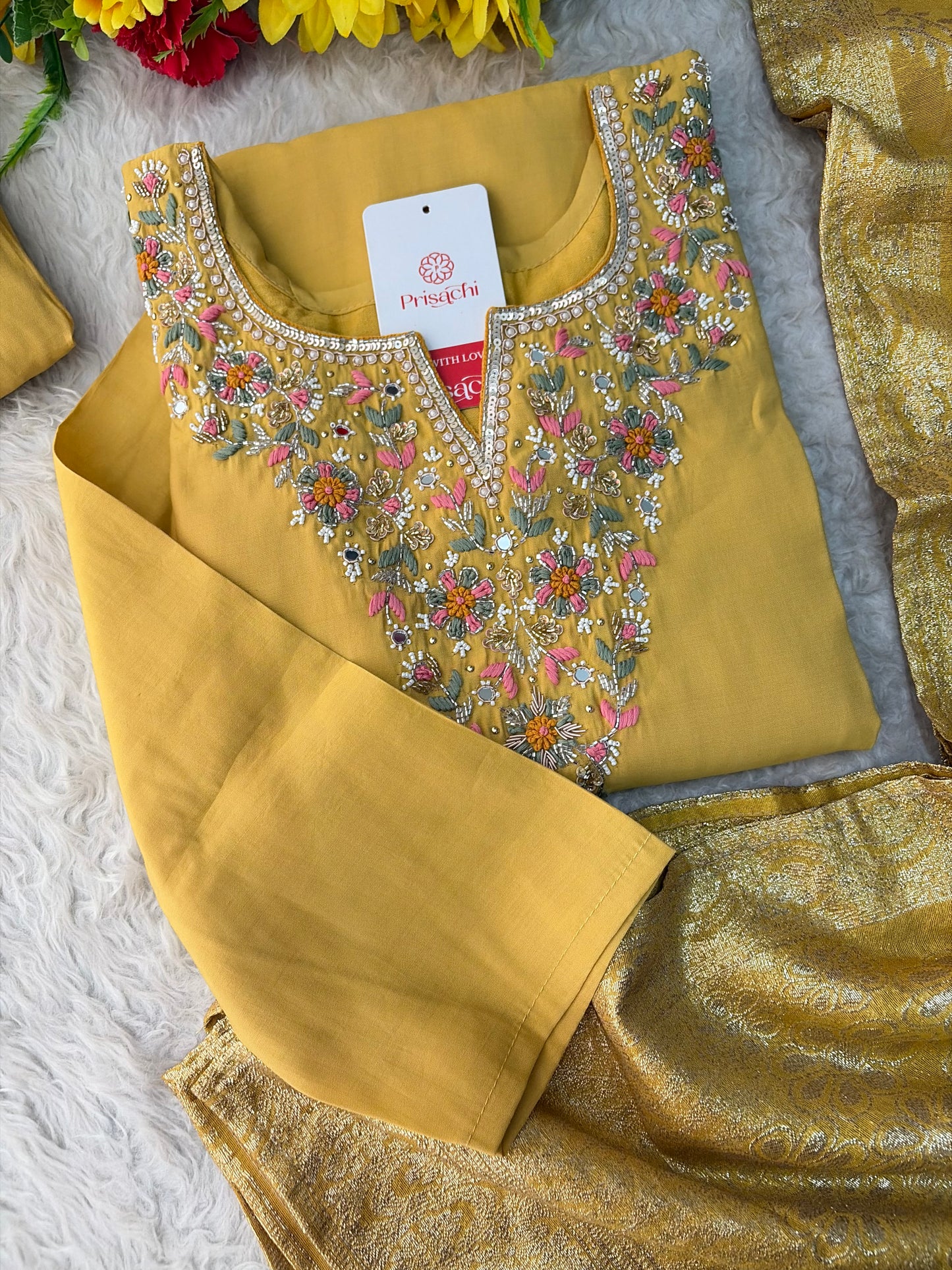 Yellow Designer Embroidered Kurta Set with Pants & Dupatta for Women | Casual & Office Wear Ethnic Suit Set