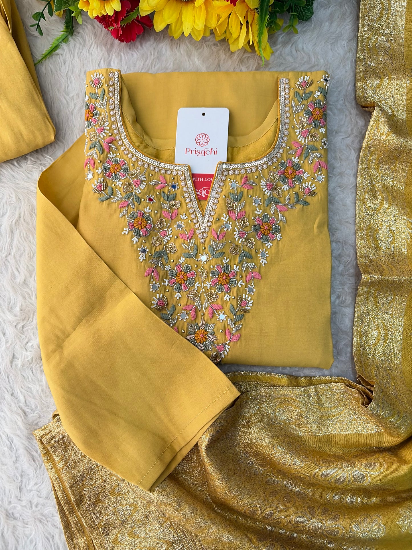 Yellow Designer Embroidered Kurta Set with Pants & Dupatta for Women | Casual & Office Wear Ethnic Suit Set