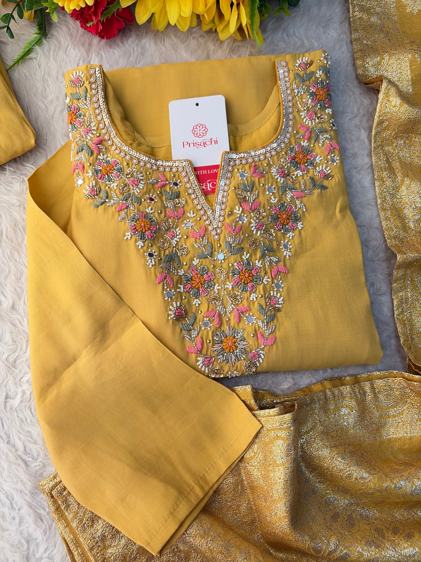 Yellow Designer Embroidered Kurta Set with Pants & Dupatta for Women | Casual & Office Wear Ethnic Suit Set