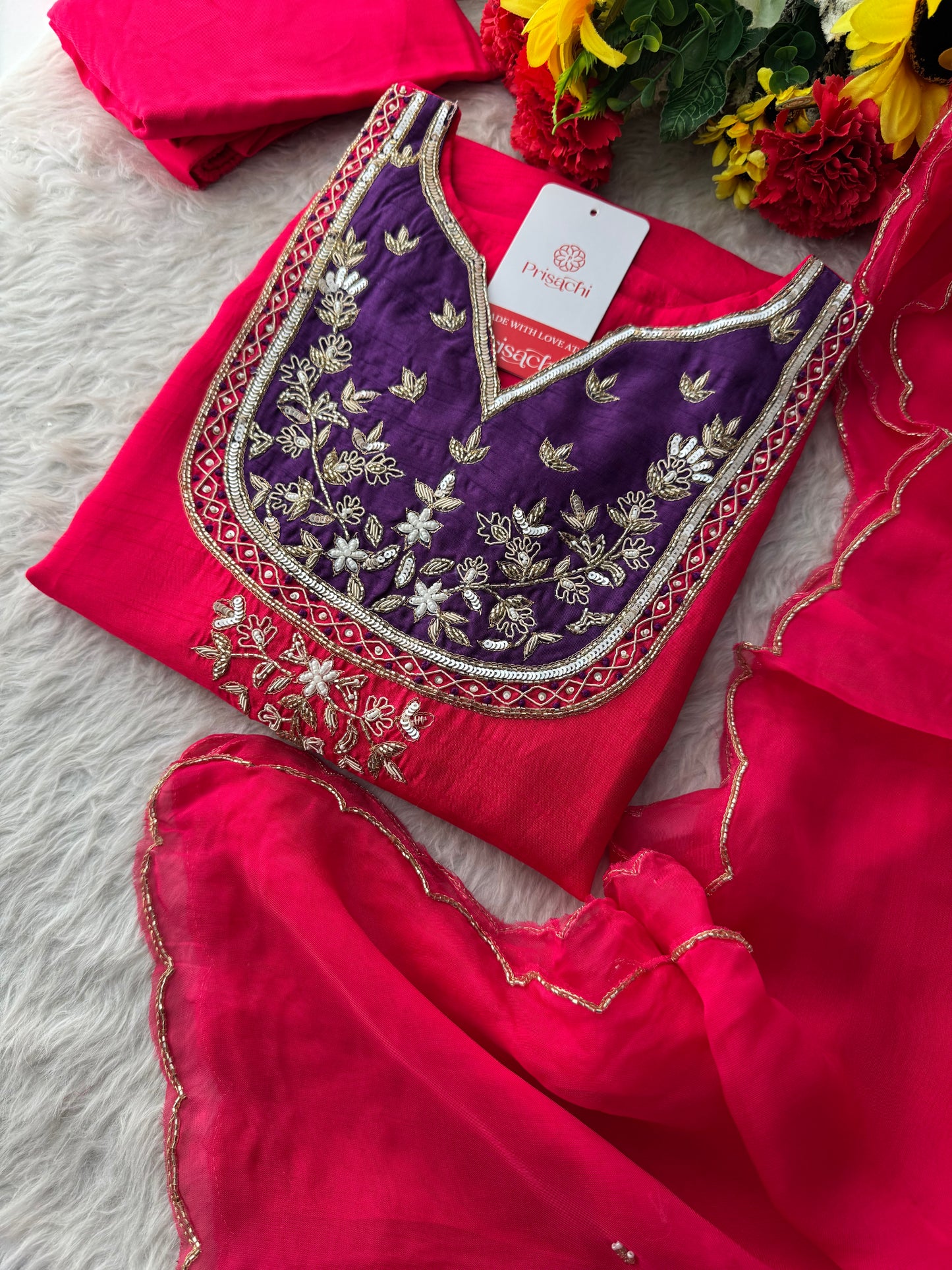 Pink Zardozi Embroidered Kurta Set for Women with Pants & Dupatta | Traditional Ethnic Wear