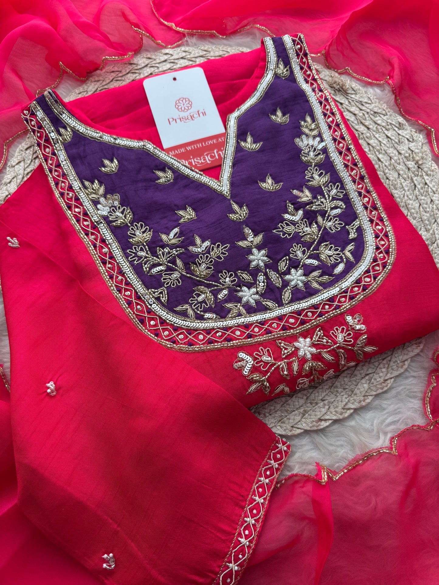 Pink Zardozi Embroidered Kurta Set for Women with Pants & Dupatta | Traditional Ethnic Wear