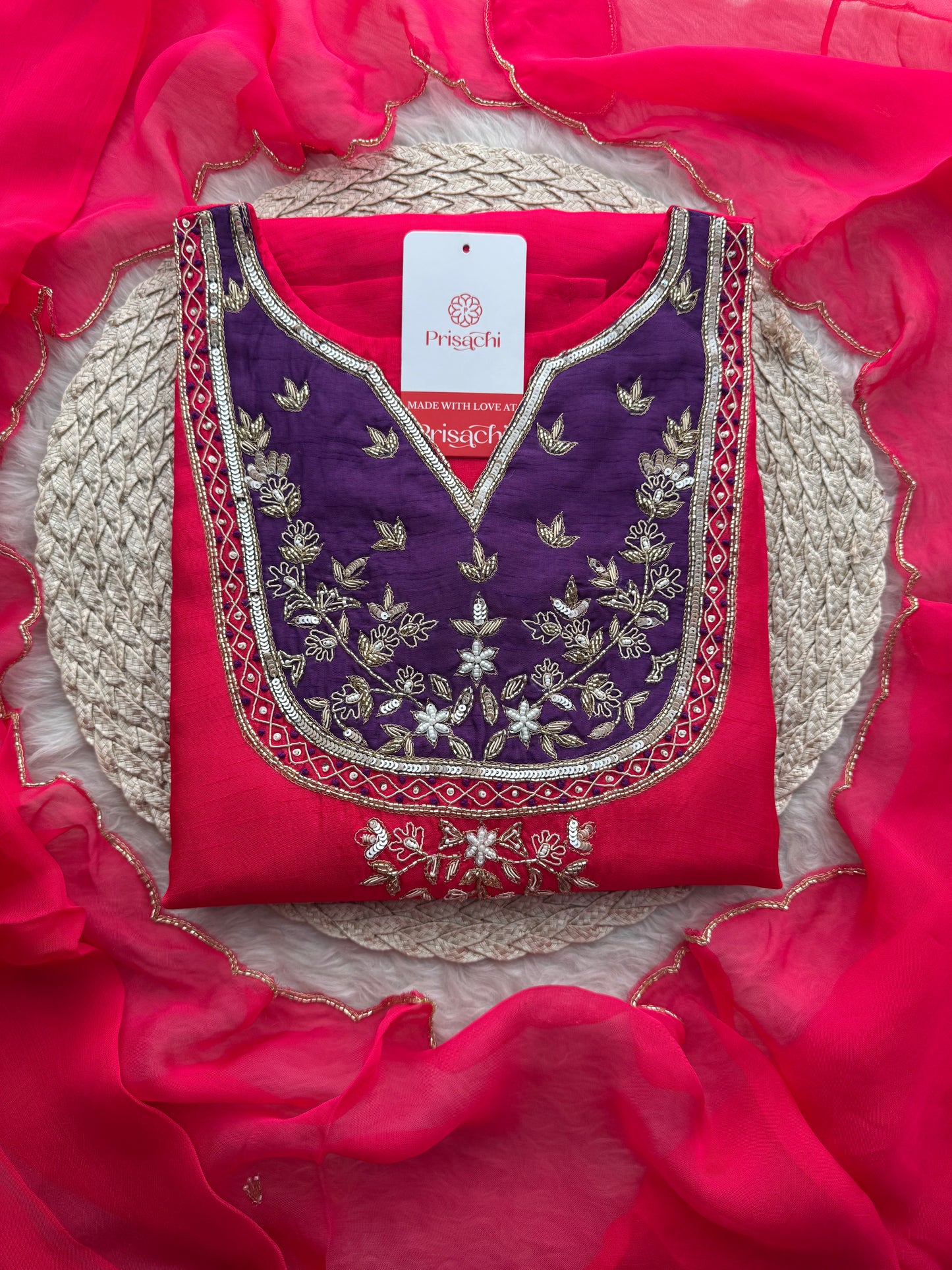 Pink Zardozi Embroidered Kurta Set for Women with Pants & Dupatta | Traditional Ethnic Wear