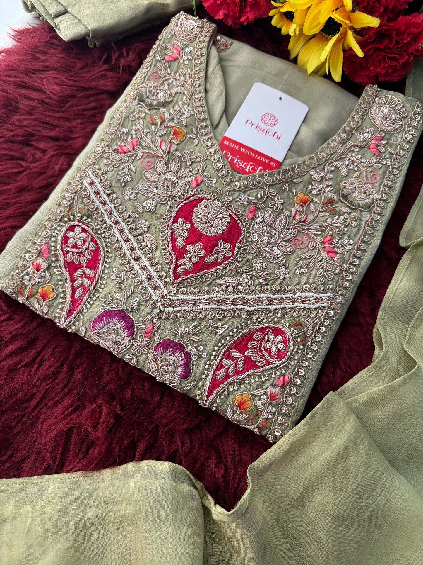 Sage Green Embroidered Designer Ethnic Kurta Set for Women with Palazzo & Dupatta
