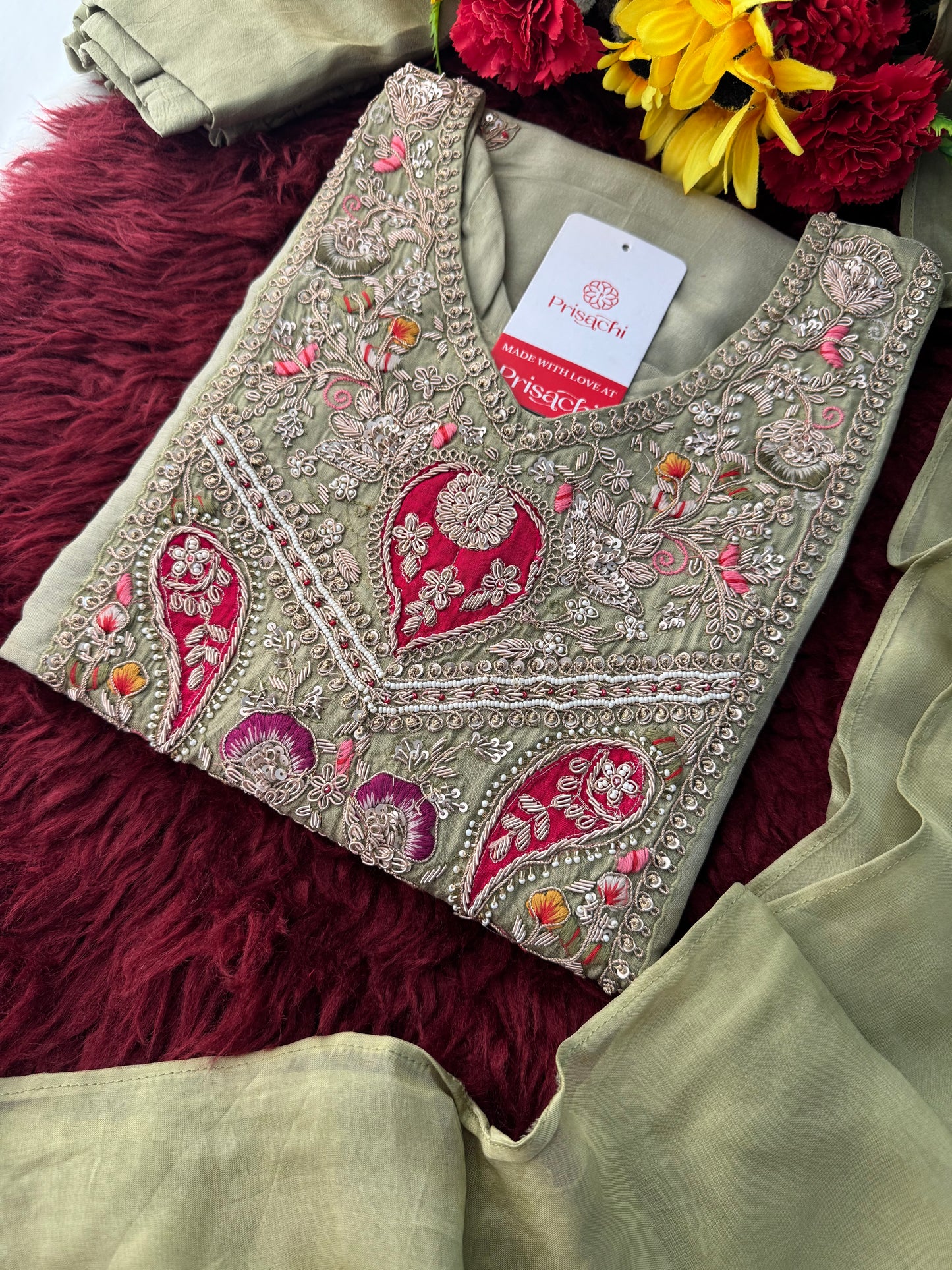 Sage Green Embroidered Designer Ethnic Kurta Set for Women with Palazzo & Dupatta