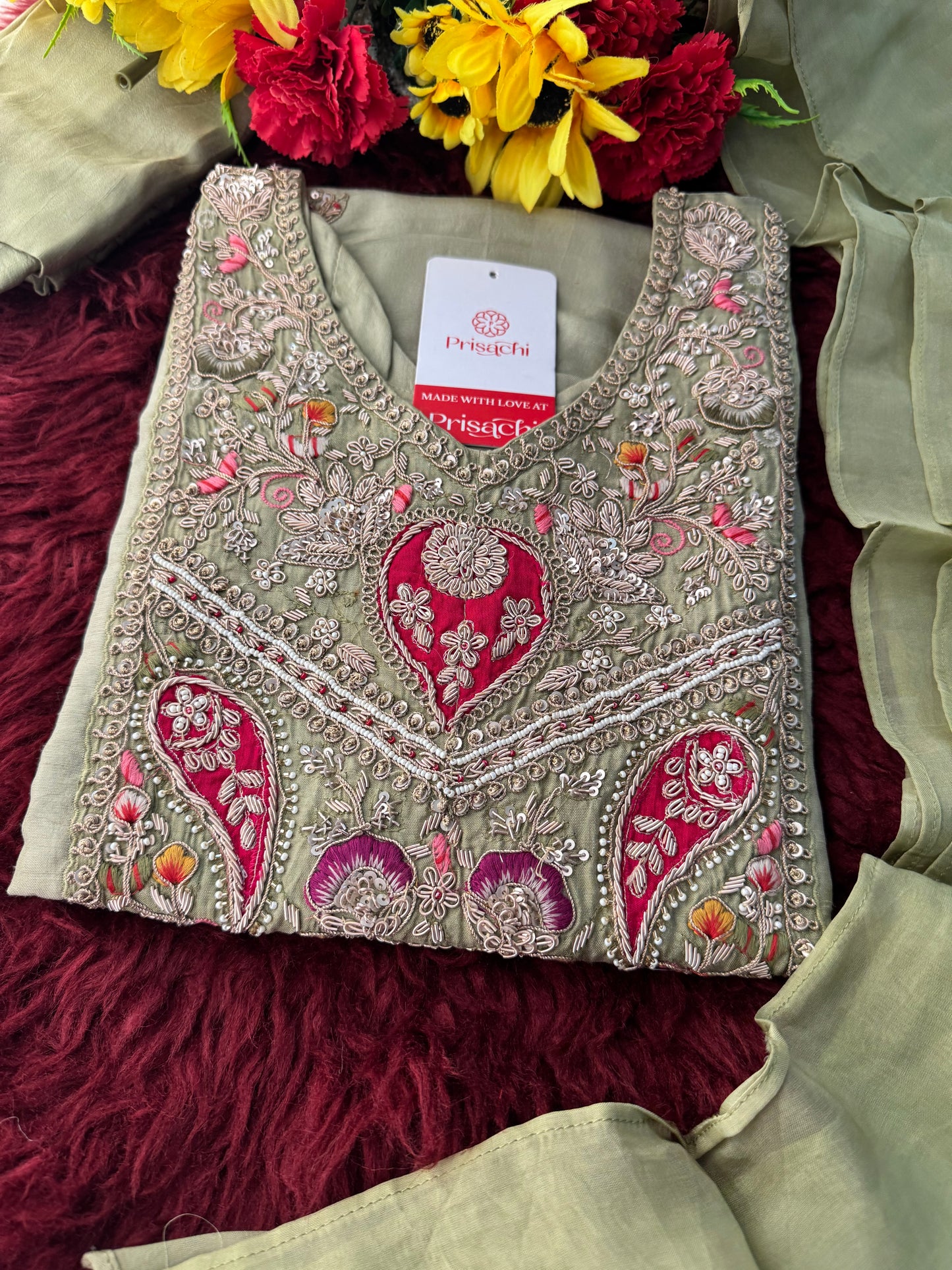 Sage Green Embroidered Designer Ethnic Kurta Set for Women with Palazzo & Dupatta