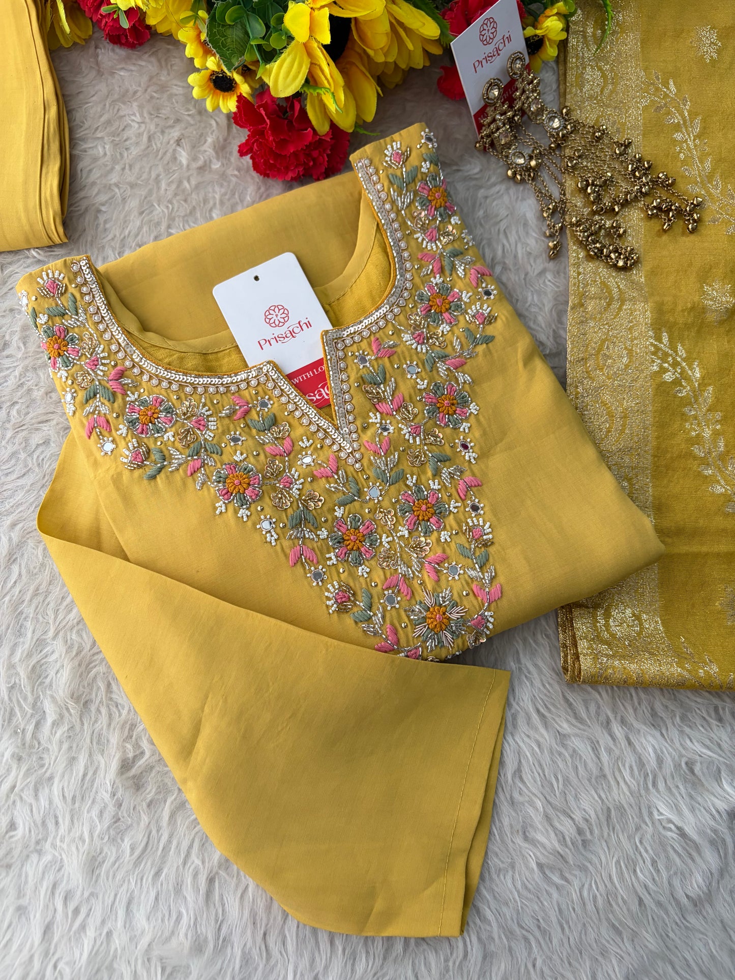 Yellow Designer Embroidered Kurta Set with Pants & Dupatta for Women | Casual & Office Wear Ethnic Suit Set