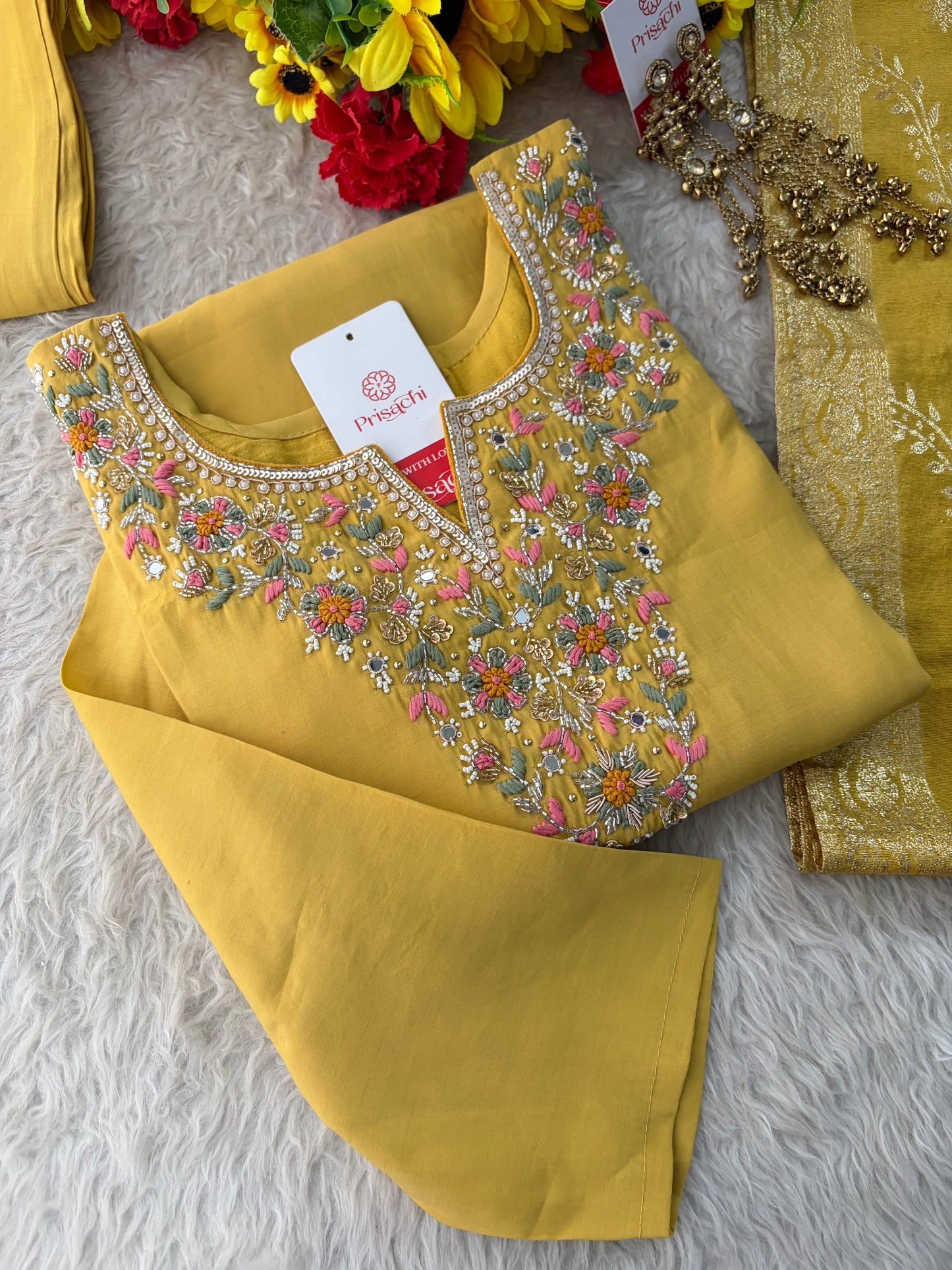 Yellow Designer Embroidered Kurta Set with Pants & Dupatta for Women | Casual & Office Wear Ethnic Suit Set