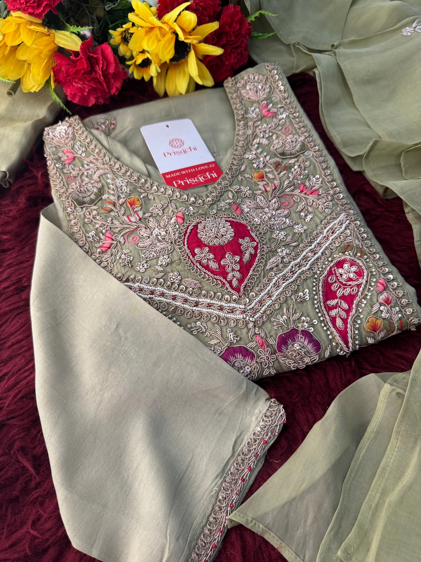 Sage Green Embroidered Designer Ethnic Kurta Set for Women with Palazzo & Dupatta