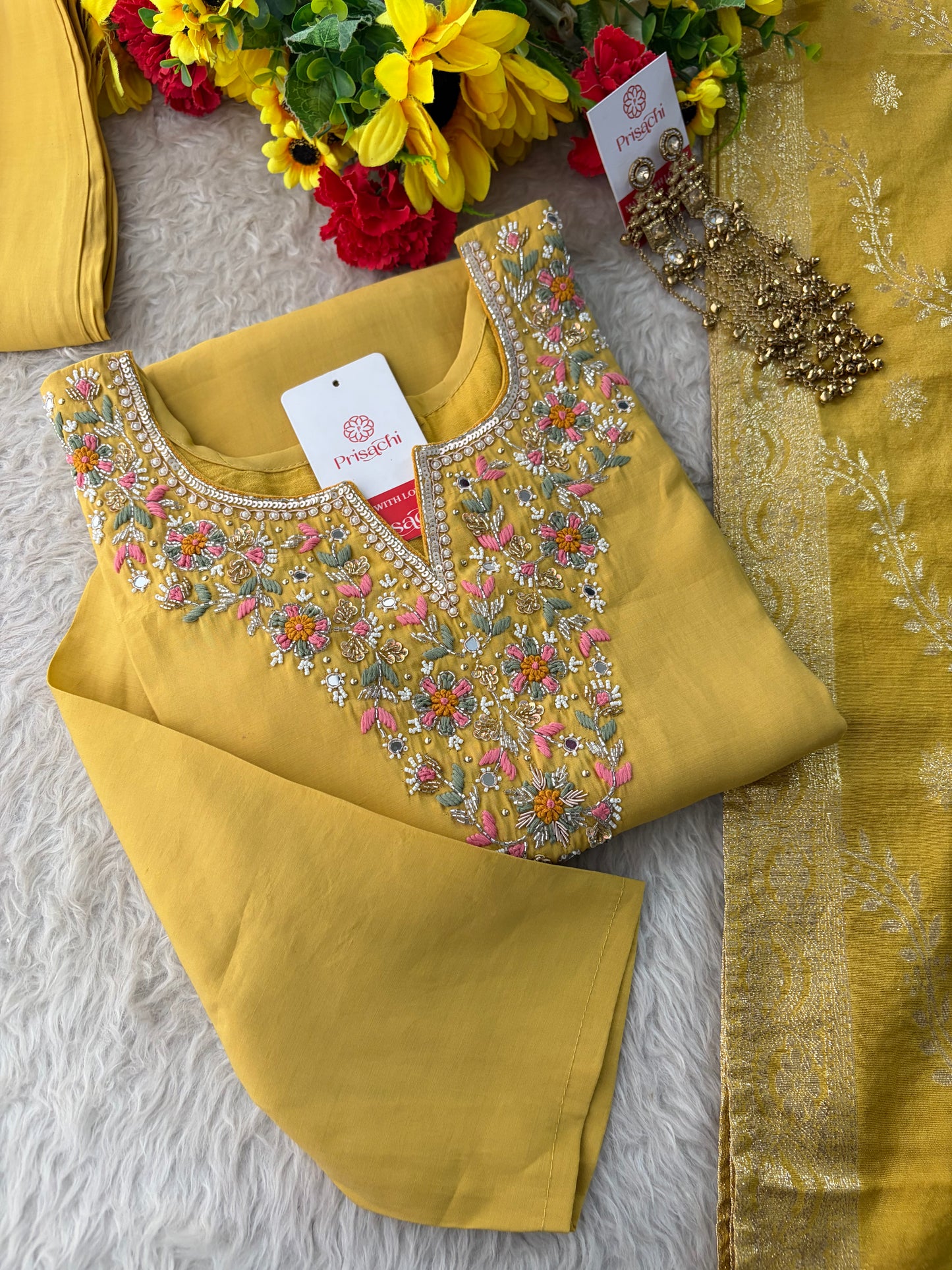 Yellow Designer Embroidered Kurta Set with Pants & Dupatta for Women | Casual & Office Wear Ethnic Suit Set