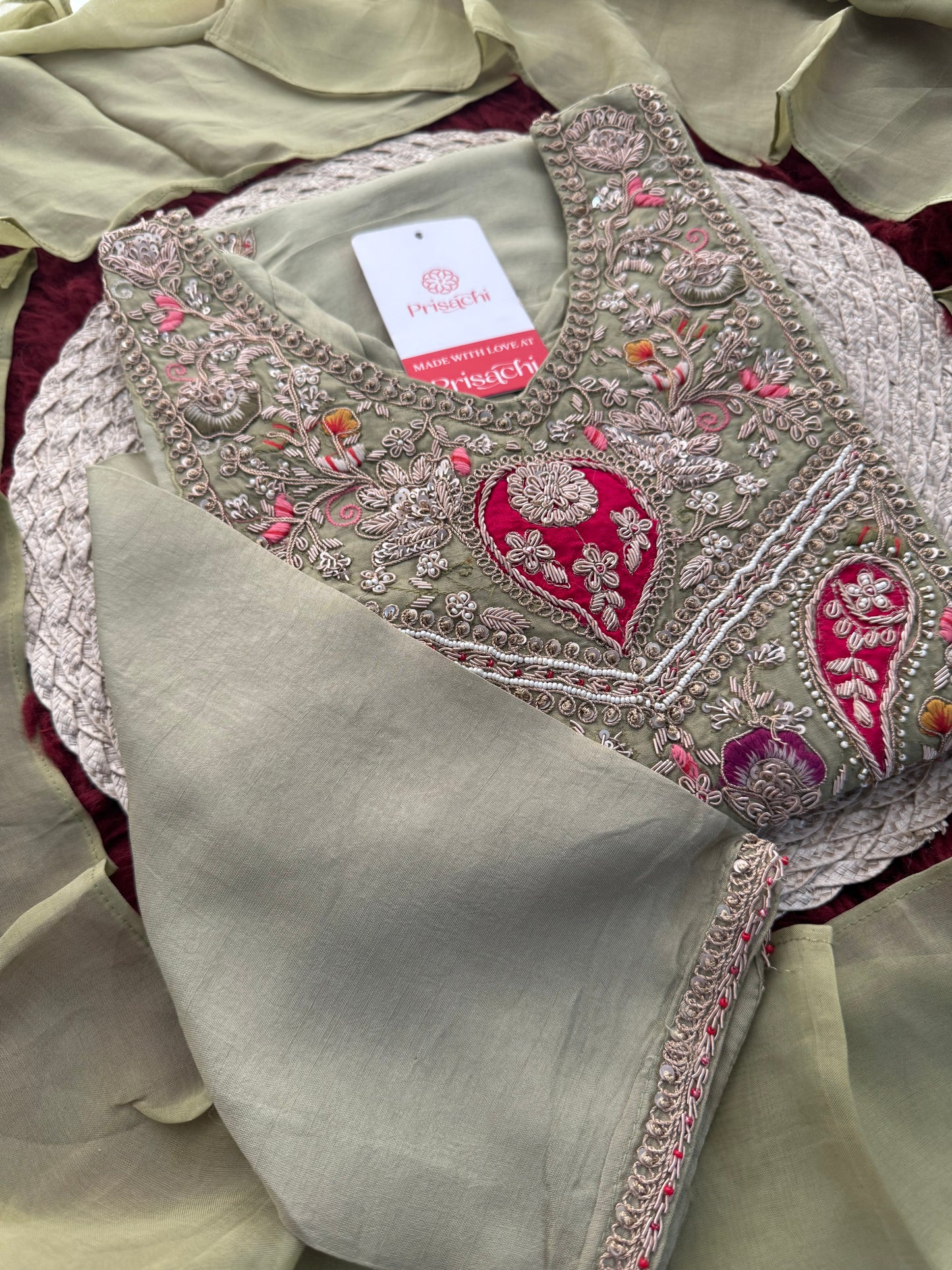 Sage Green Embroidered Designer Ethnic Kurta Set for Women with Palazzo & Dupatta