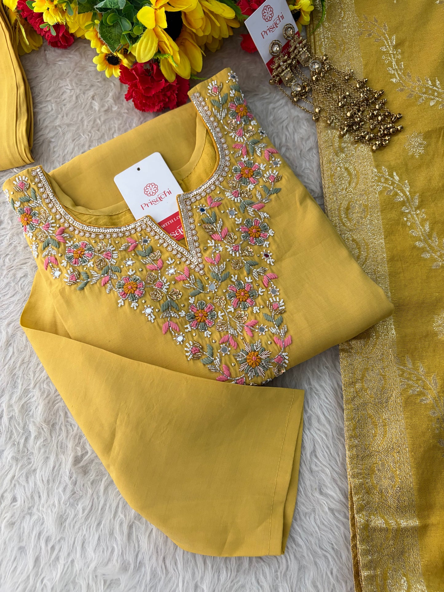 Yellow Designer Embroidered Kurta Set with Pants & Dupatta for Women | Casual & Office Wear Ethnic Suit Set