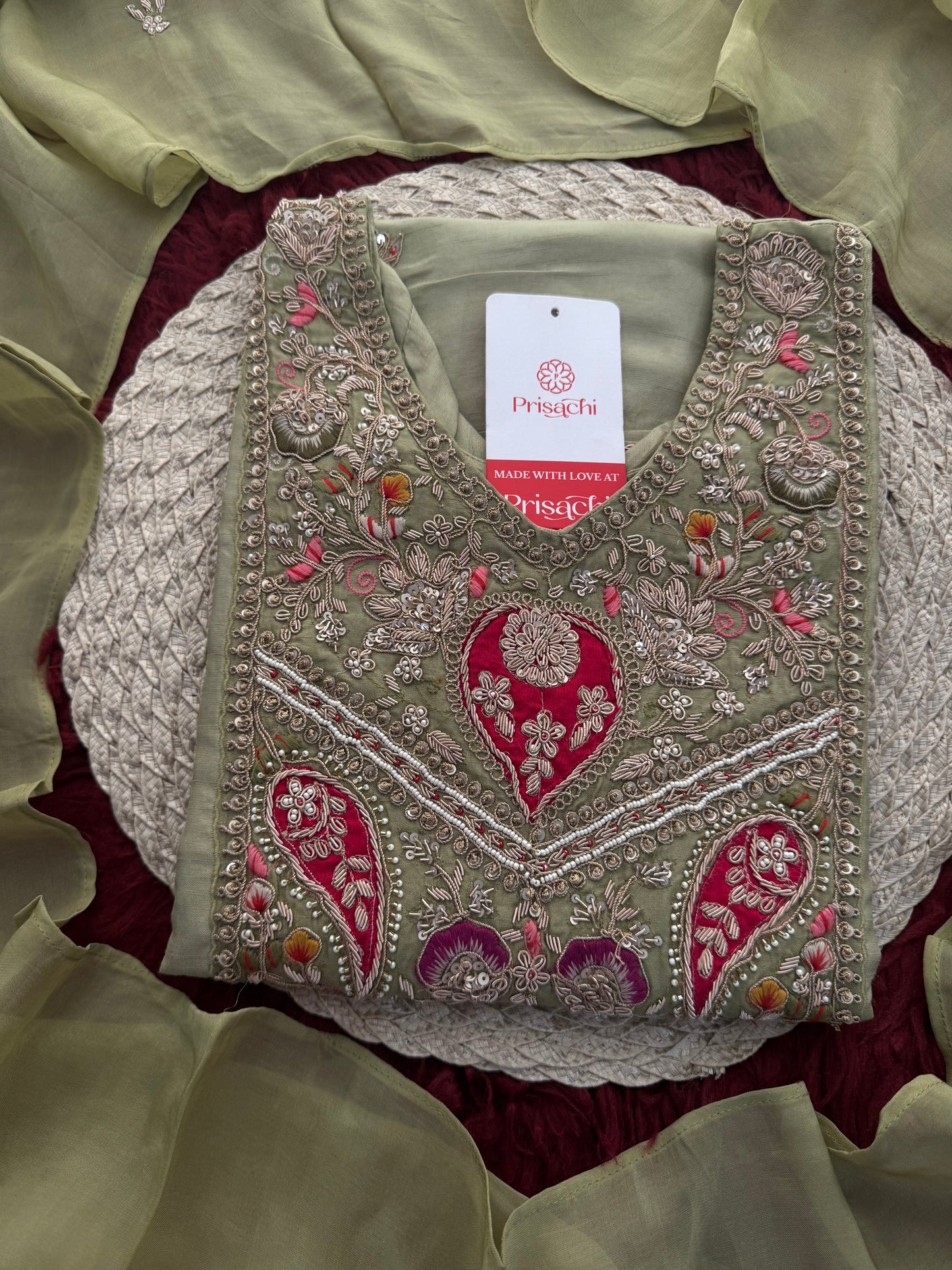 Sage Green Embroidered Designer Ethnic Kurta Set for Women with Palazzo & Dupatta