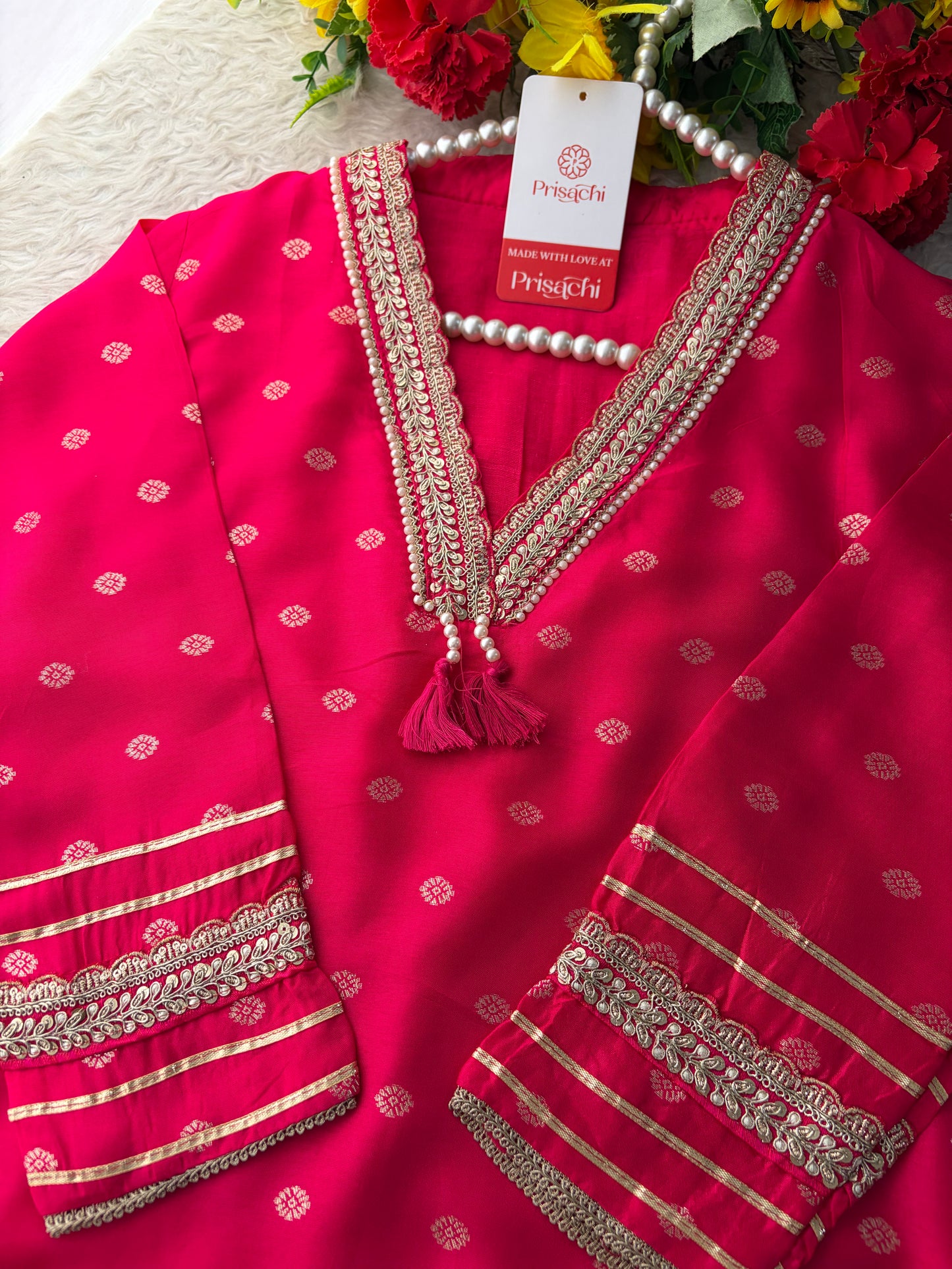 Pink Embroidered Ethnic Kurta Set for Women with Banarasi Dupatta & Pants