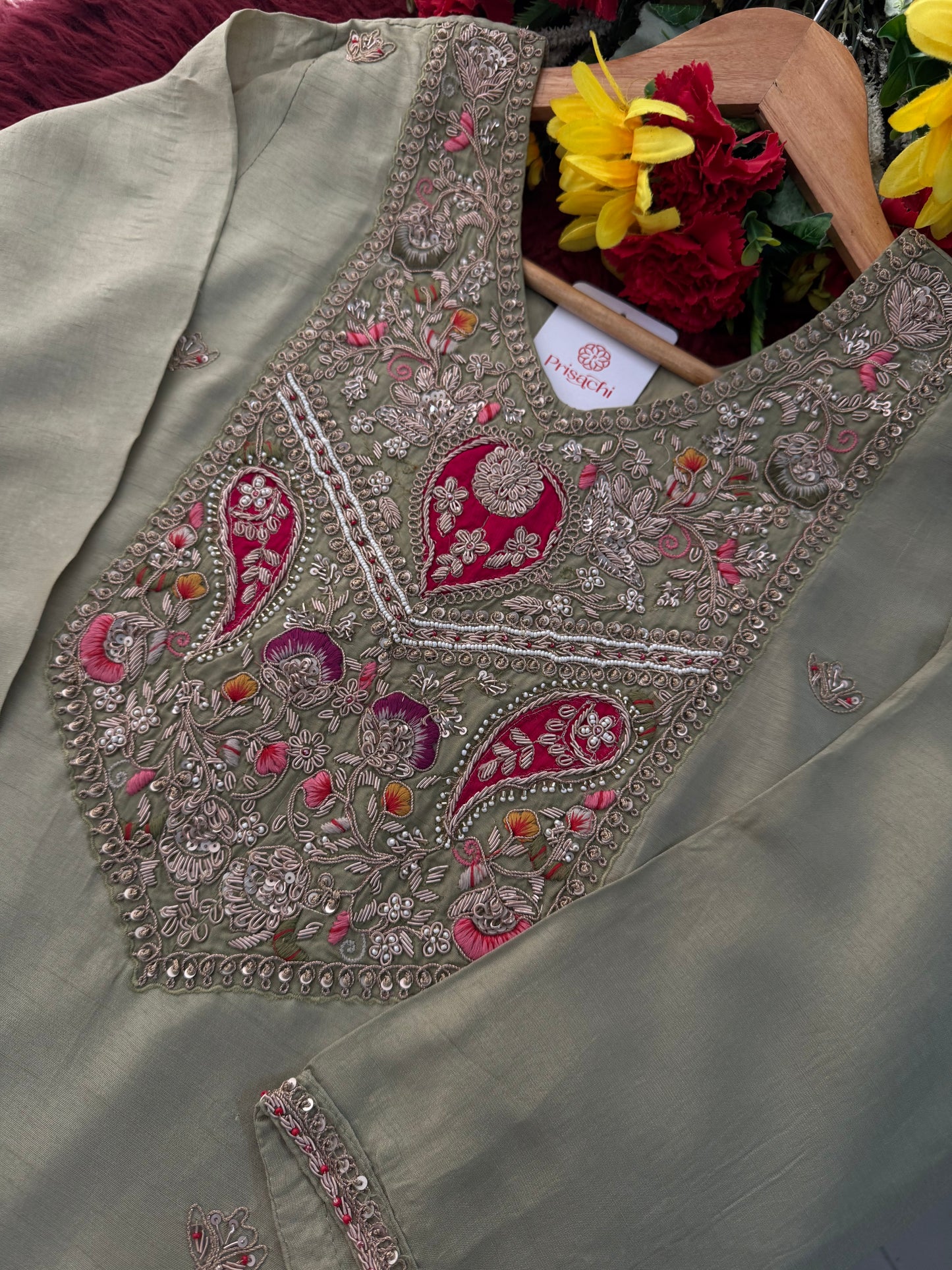 Sage Green Embroidered Designer Ethnic Kurta Set for Women with Palazzo & Dupatta